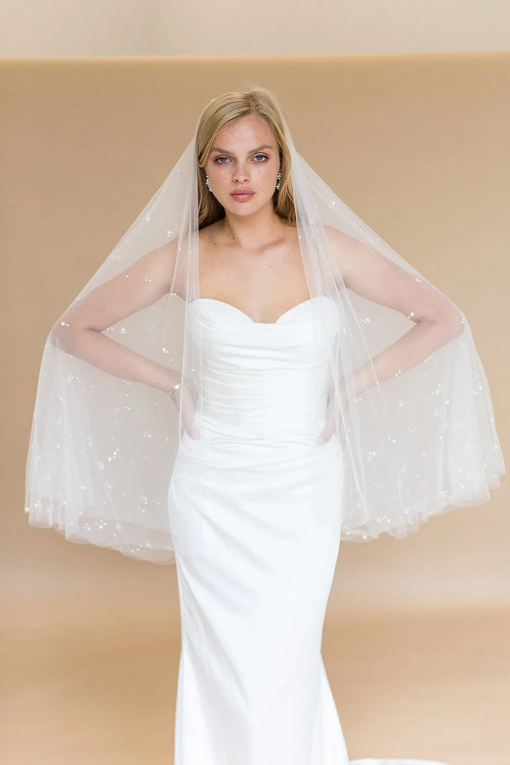 ILARIA FINGERTIP VEIL WITH LONG BLUSHER & SCATTERED PEARL CLUSTERS