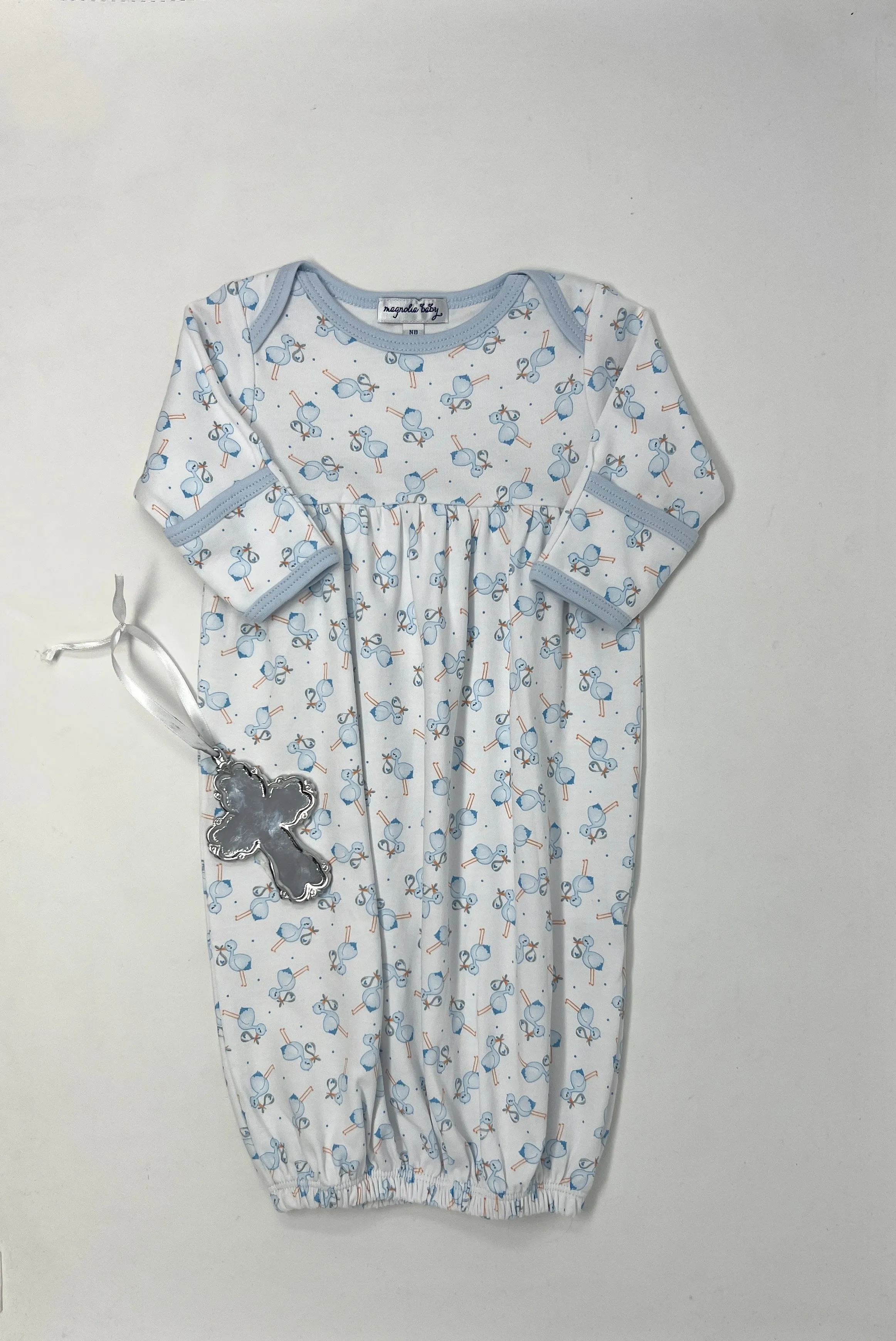Light Blue Tiny Stork Embroidered Gathered Gown