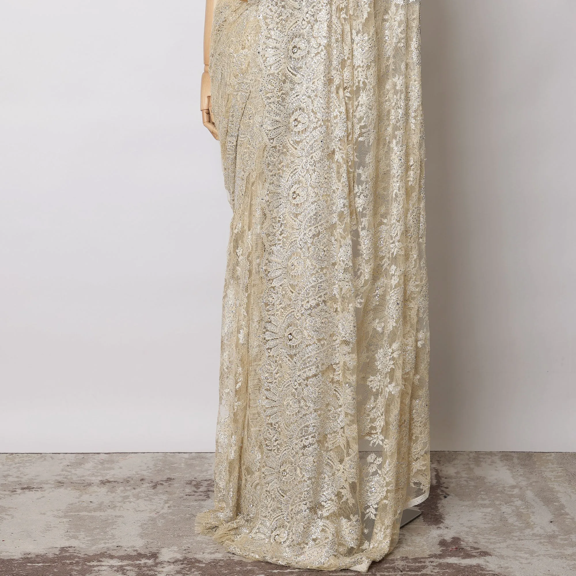 Light Gold Premium French Metallic Chantilly Saree Lace with Stone Work - 5.5 Meters, Width 110 cm-D21072