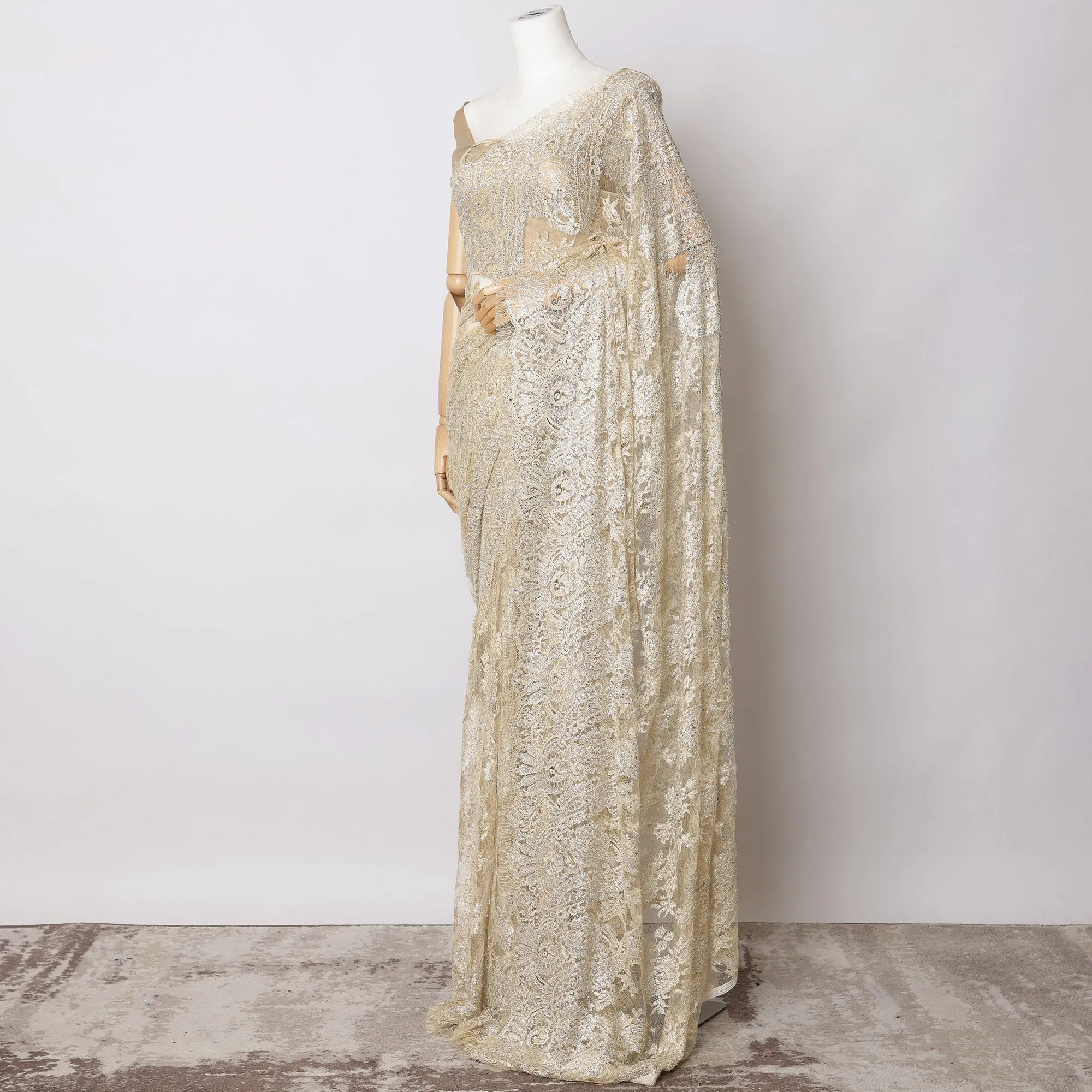 Light Gold Premium French Metallic Chantilly Saree Lace with Stone Work - 5.5 Meters, Width 110 cm-D21072