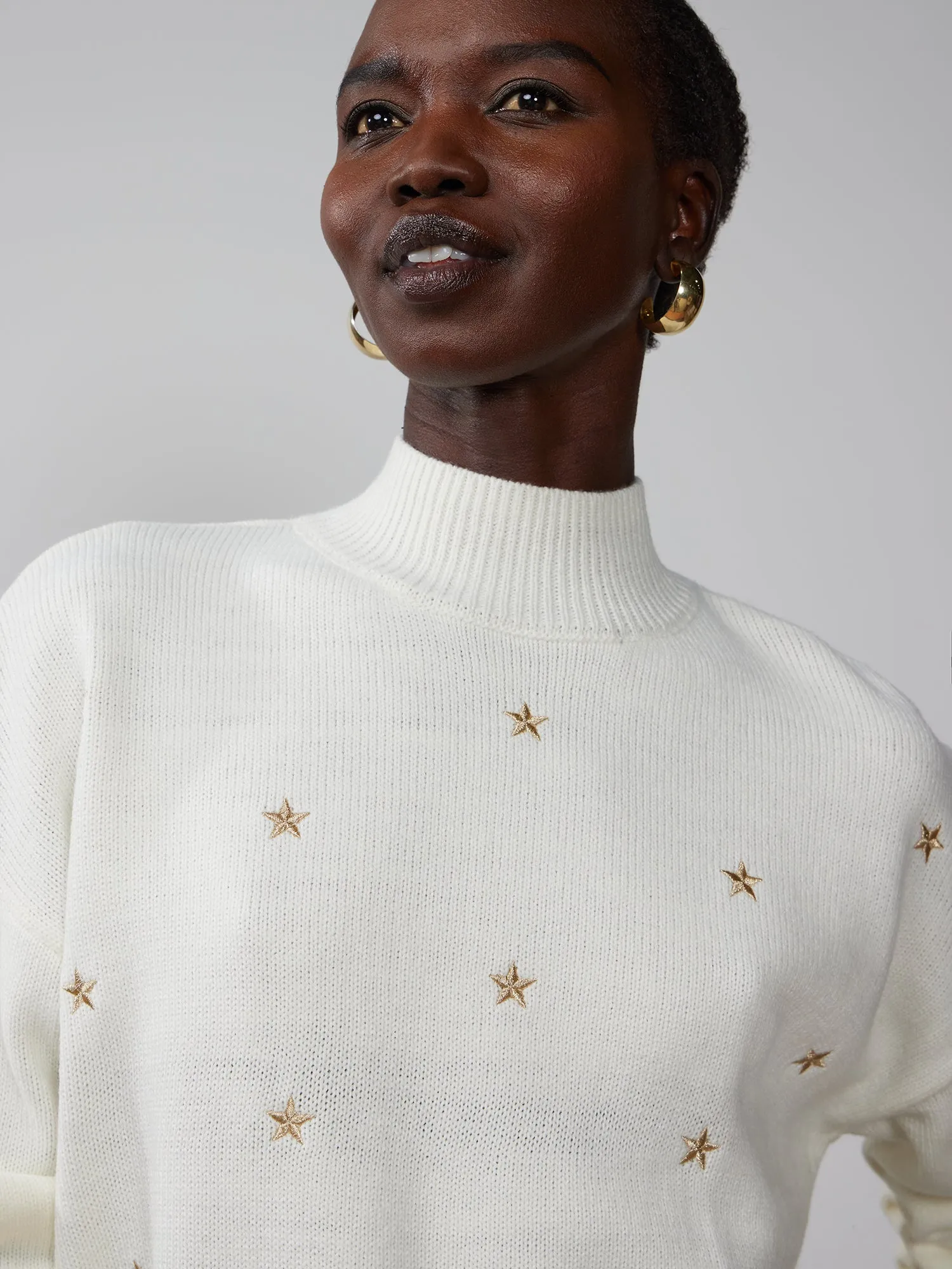 Long Sleeve Mock Neck Embroidered Sweater