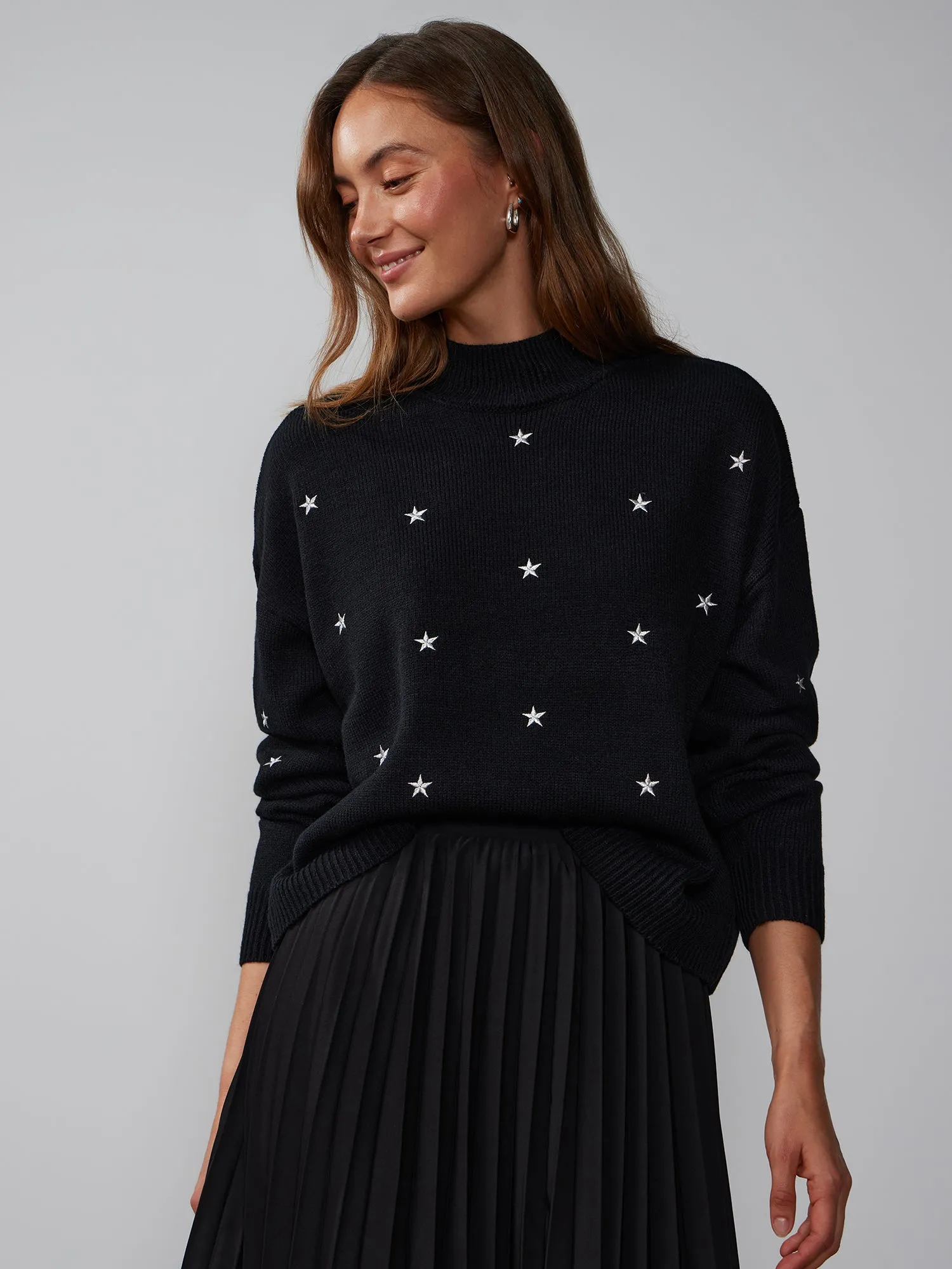 Long Sleeve Mock Neck Embroidered Sweater