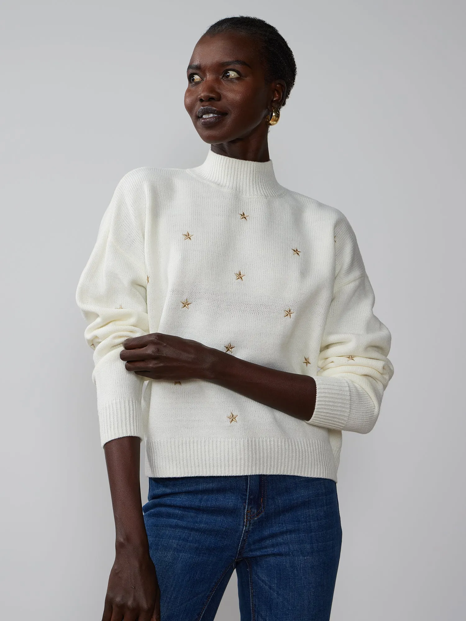 Long Sleeve Mock Neck Embroidered Sweater