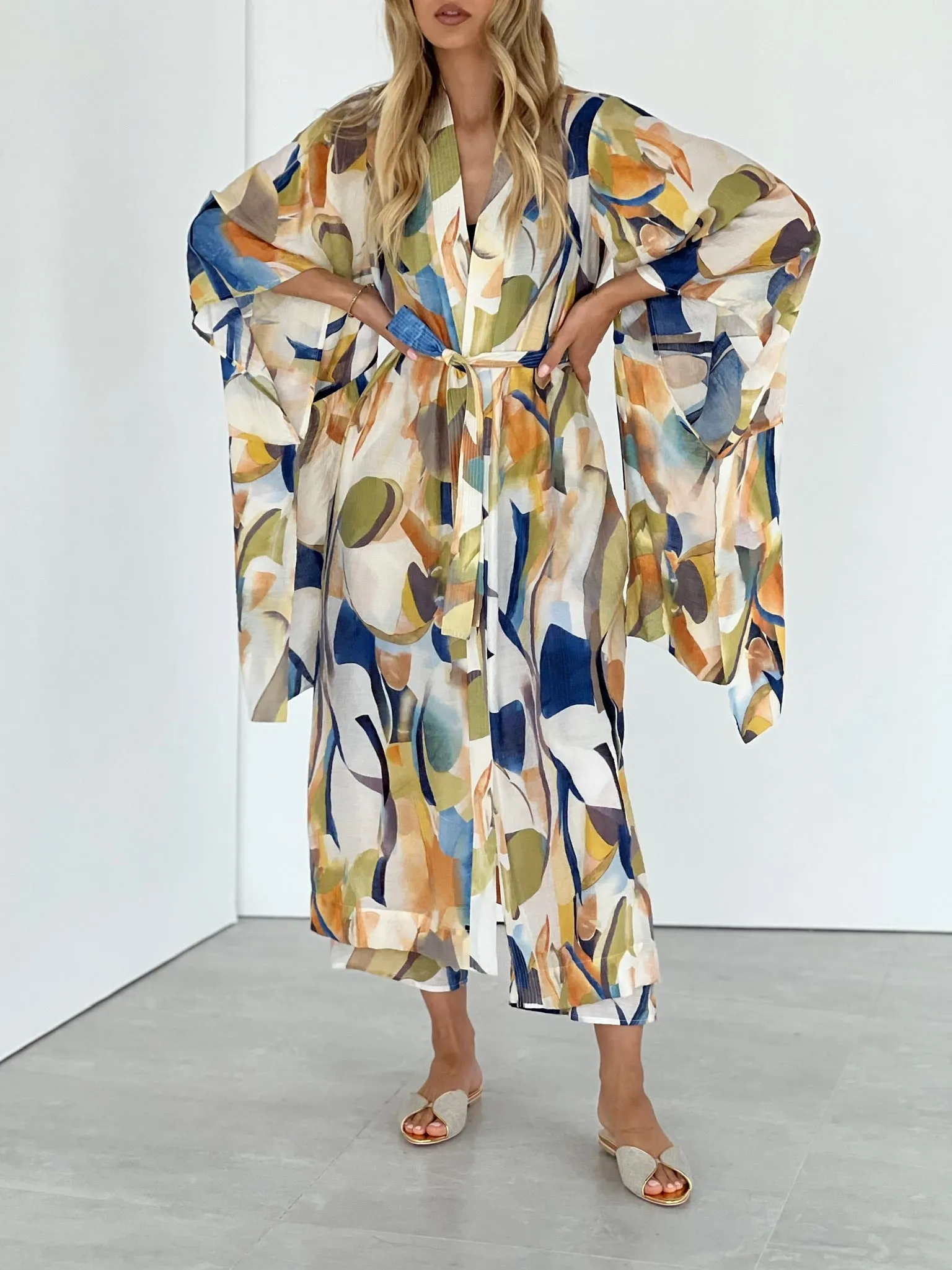 Mahra Printed Tie Robe | Green Mix