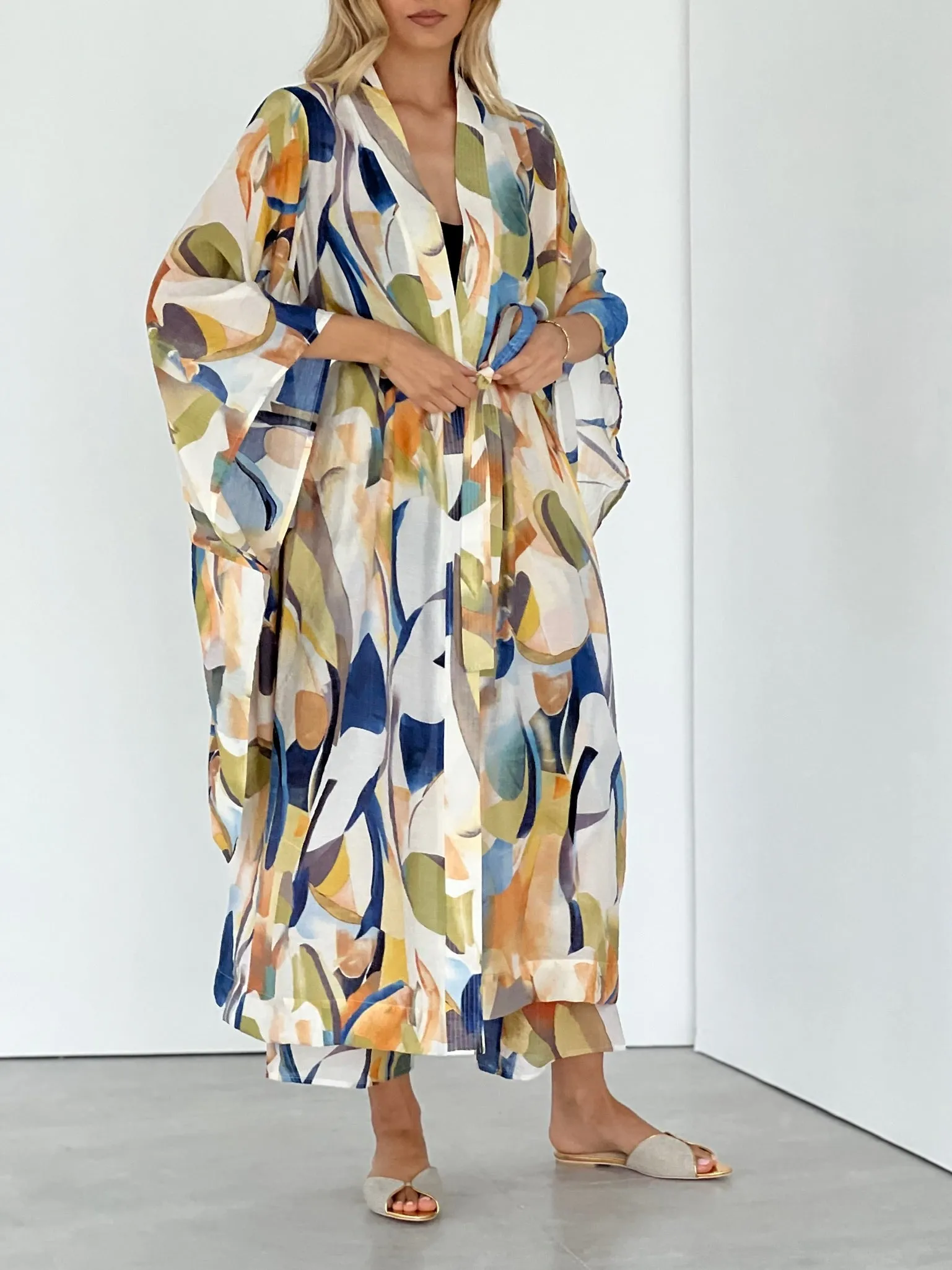 Mahra Printed Tie Robe | Green Mix
