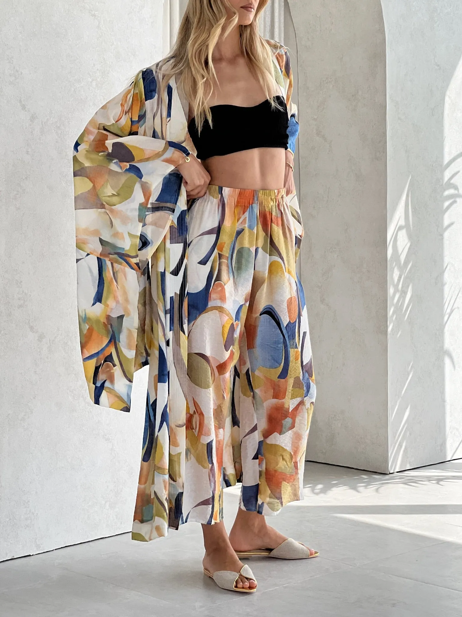 Mahra Printed Tie Robe | Green Mix