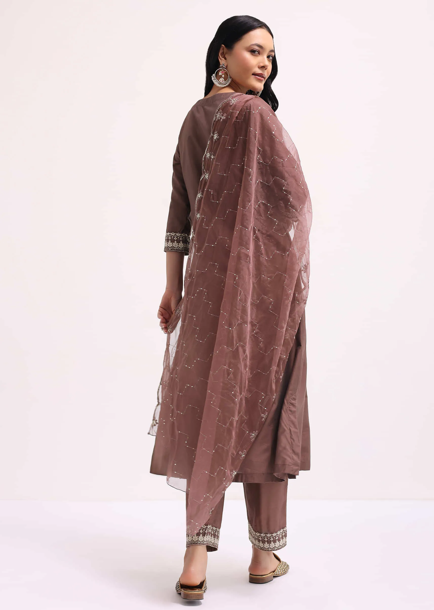Mauve Chanderi Anarkali Set With Dupatta In Sequins