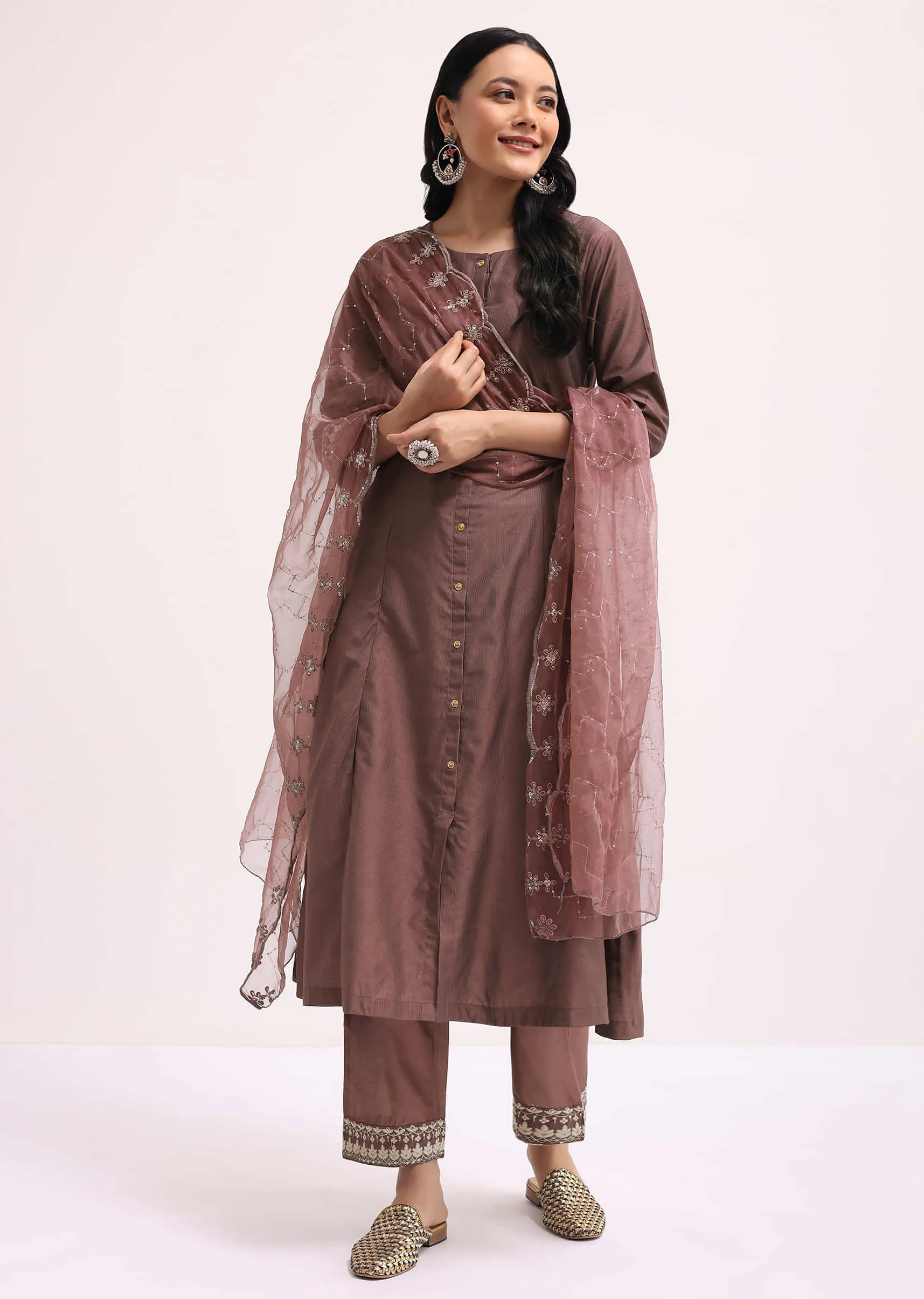 Mauve Chanderi Anarkali Set With Dupatta In Sequins