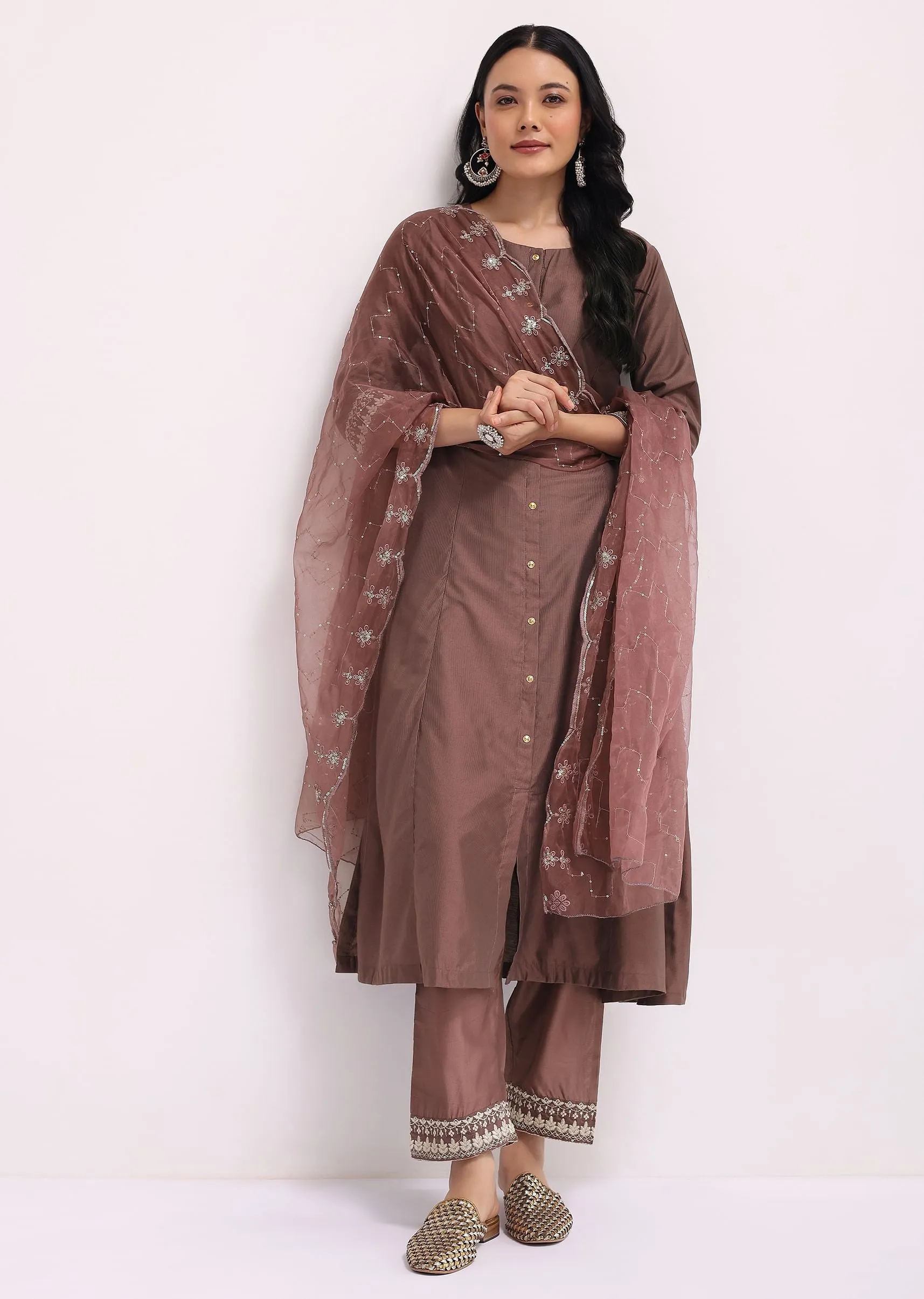 Mauve Chanderi Anarkali Set With Dupatta In Sequins