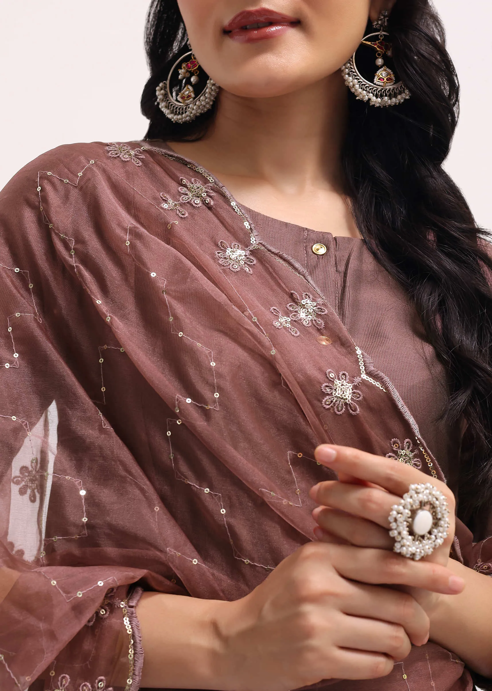 Mauve Chanderi Anarkali Set With Dupatta In Sequins