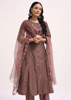 Mauve Chanderi Anarkali Set With Dupatta In Sequins
