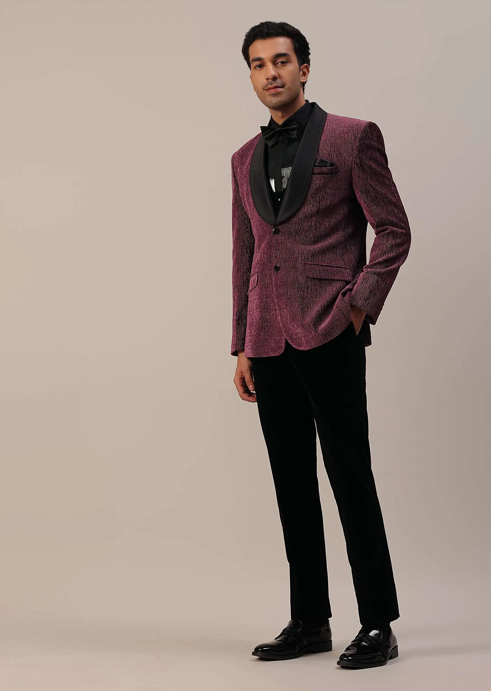 Mulberry Purple Embroidered Tuxedo Set In Velvet
