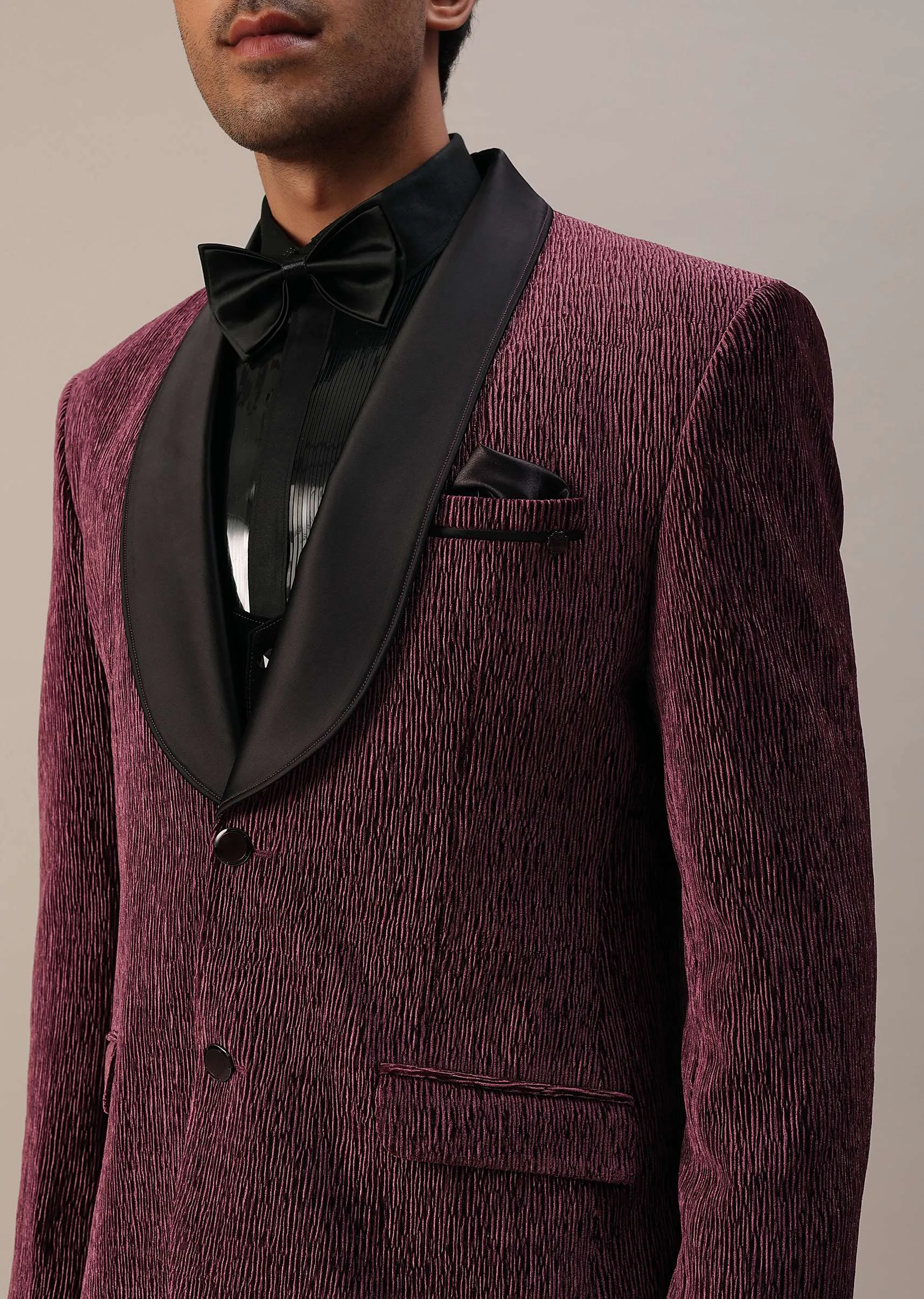 Mulberry Purple Embroidered Tuxedo Set In Velvet