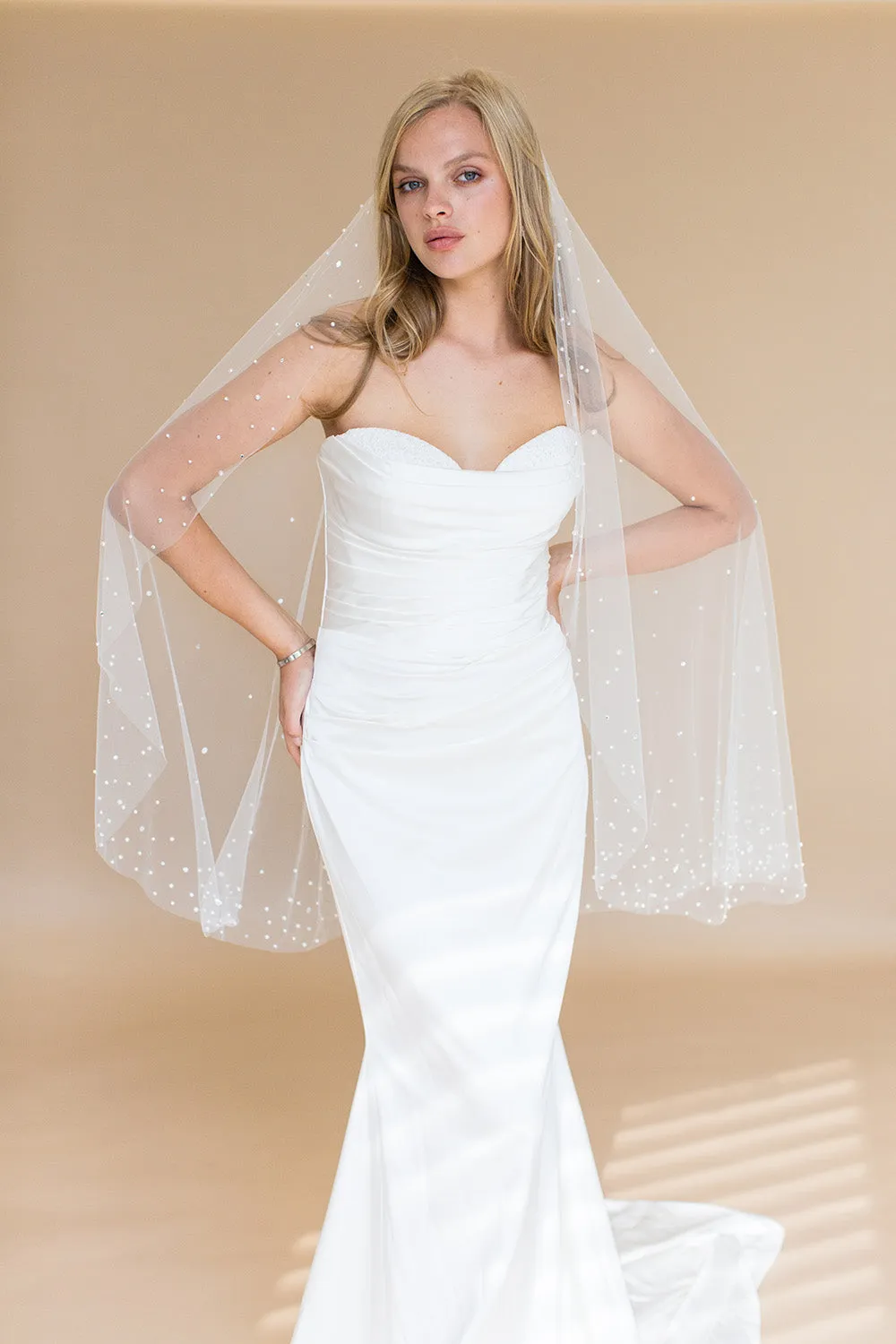 NEBULA FINGERTIP VEIL EDGED WITH CRYSTALS & PEARLS