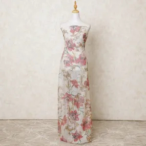 Off white nylon tulle fabric with multicolor printed glitter in floral design-D11821