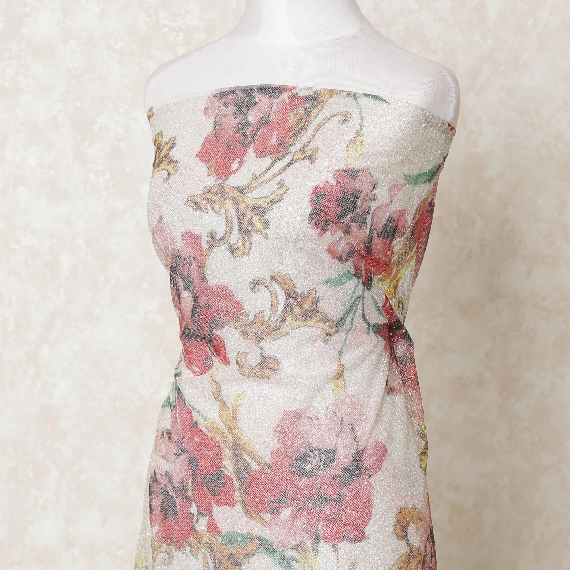 Off white nylon tulle fabric with multicolor printed glitter in floral design-D11821