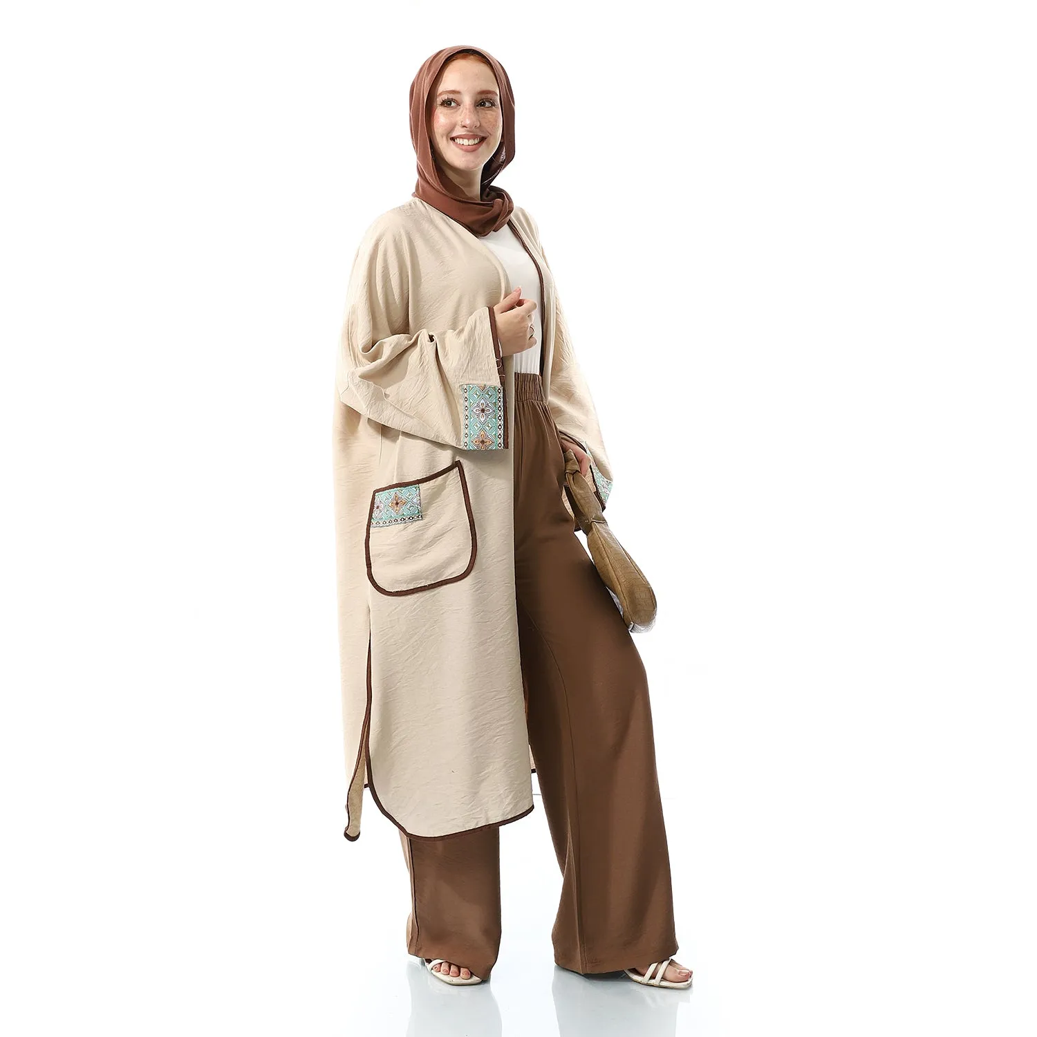 Palestinian Embroidery Linen Long Sleeves Beige Cardigan