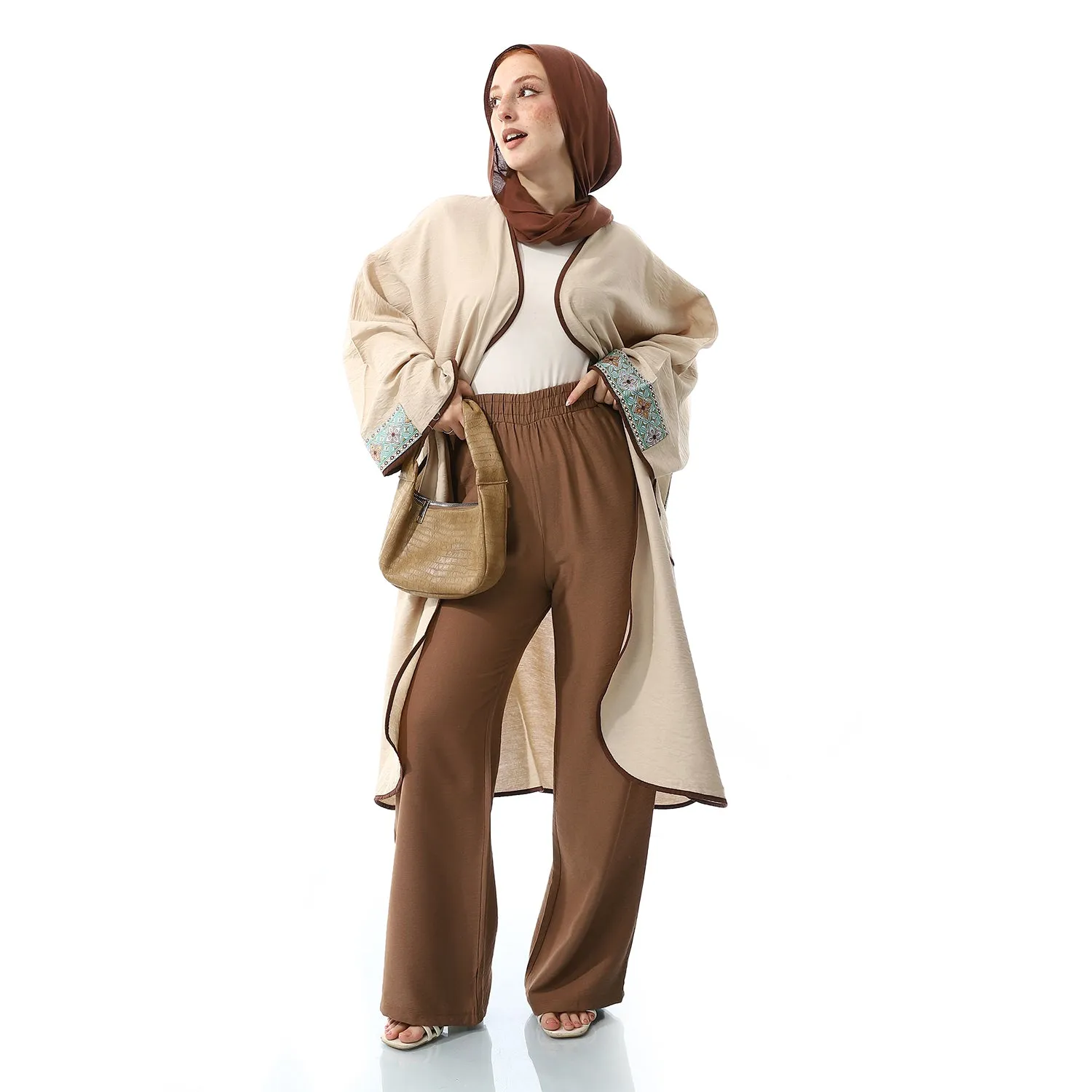 Palestinian Embroidery Linen Long Sleeves Beige Cardigan