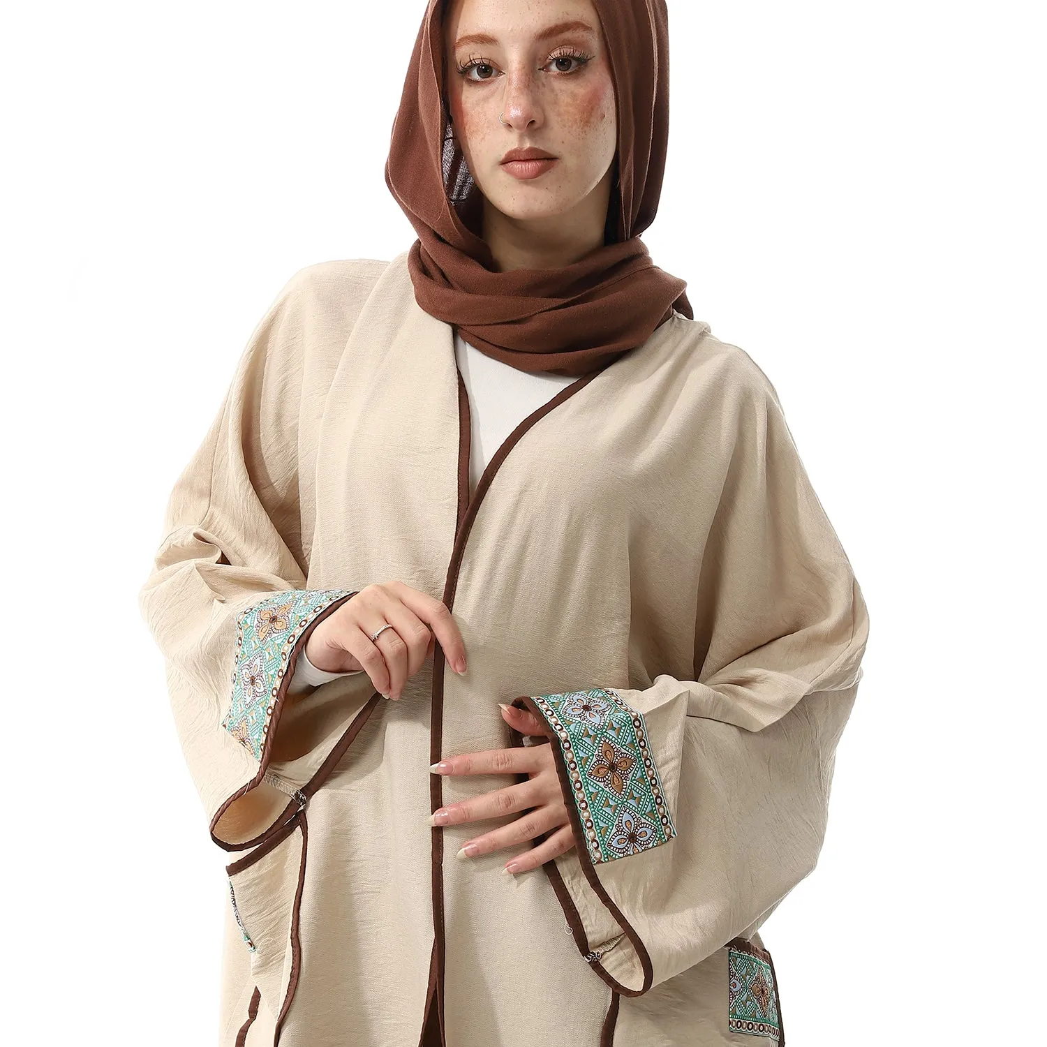 Palestinian Embroidery Linen Long Sleeves Beige Cardigan