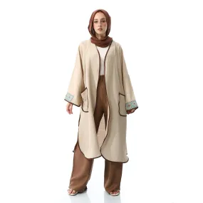Palestinian Embroidery Linen Long Sleeves Beige Cardigan