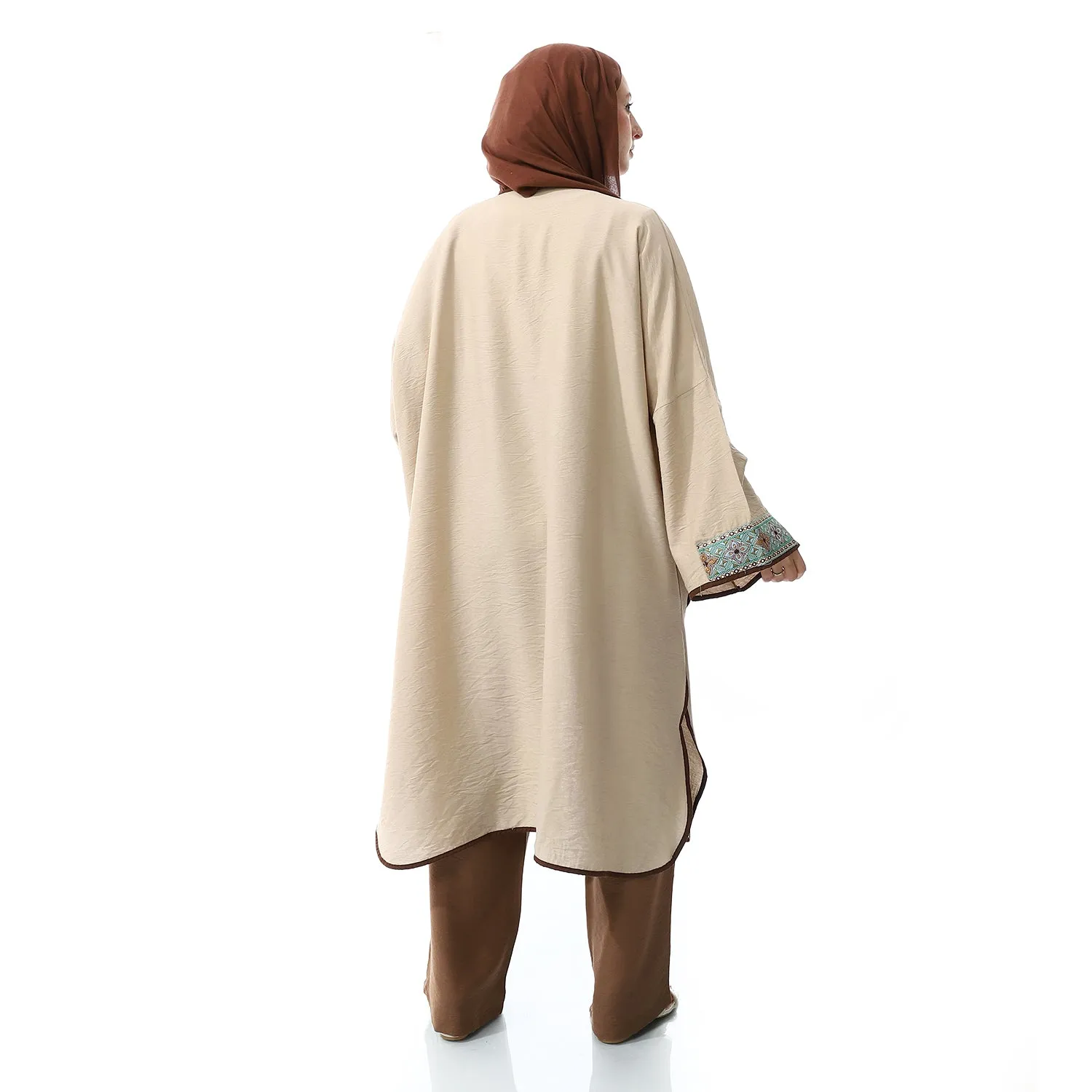 Palestinian Embroidery Linen Long Sleeves Beige Cardigan