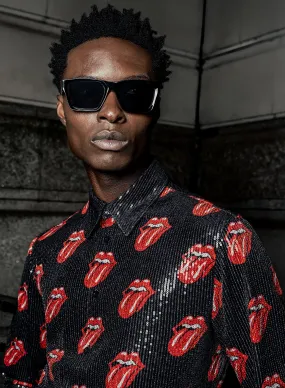 Phix X Rolling Stones Black Sequin Embellished Tongue Velvet Shirt
