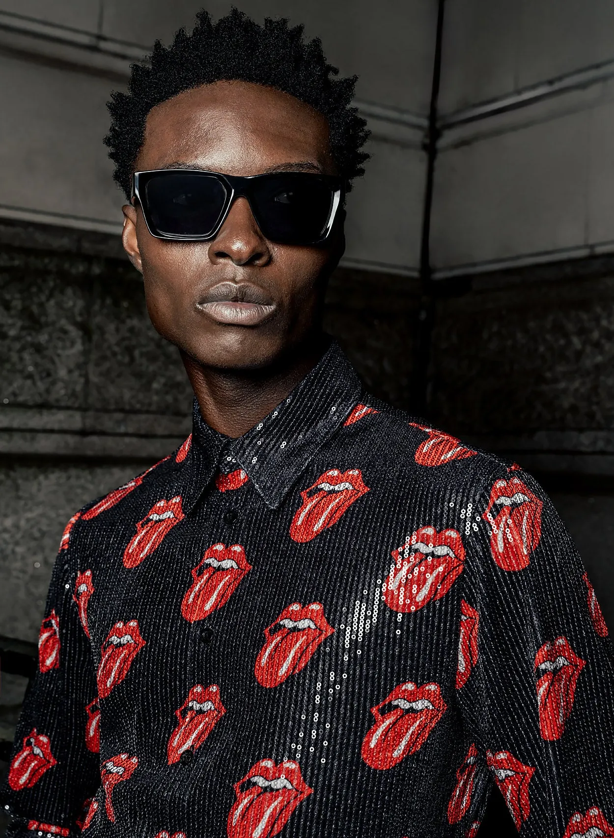 Phix X Rolling Stones Black Sequin Embellished Tongue Velvet Shirt