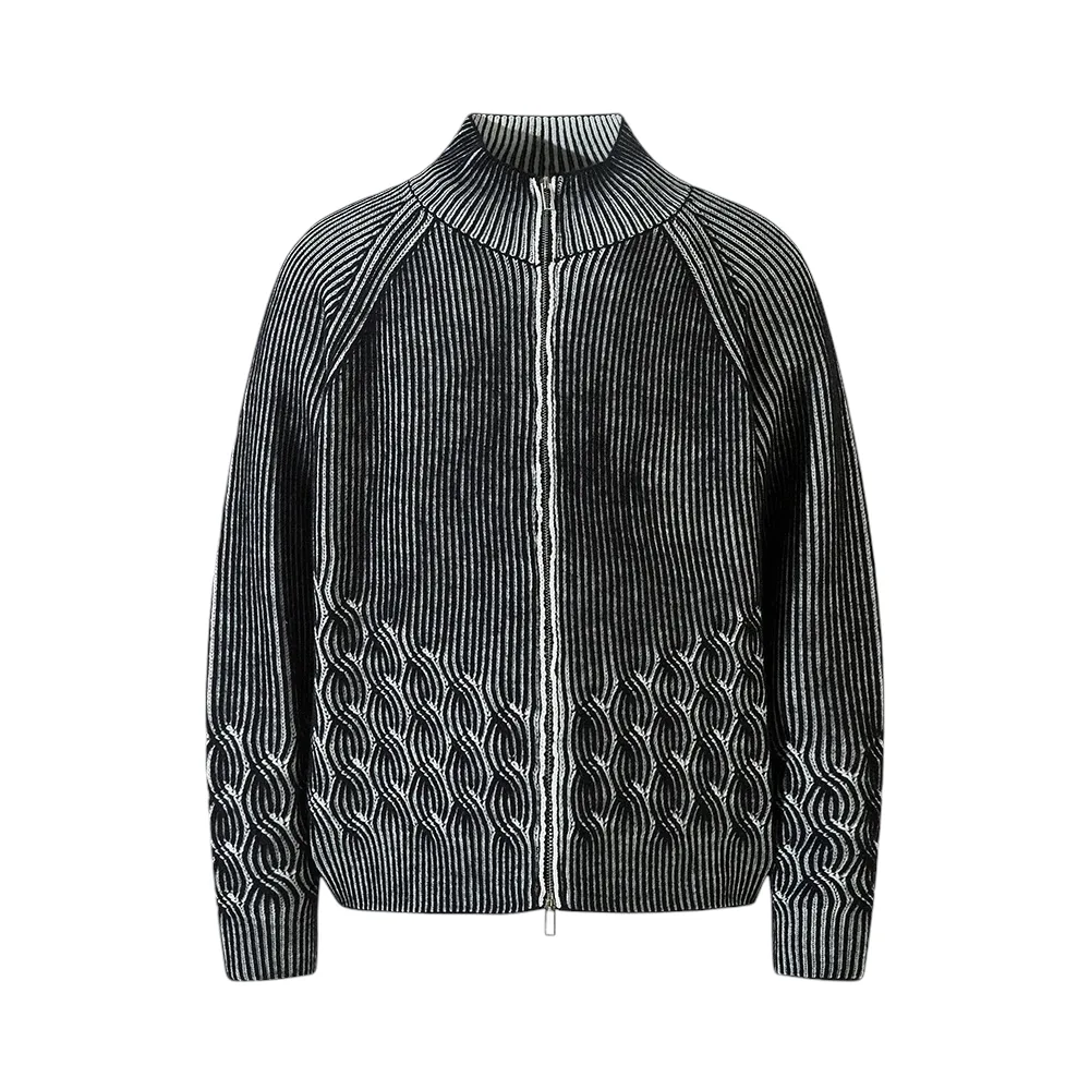 Plated engineer cable cardigan sweater