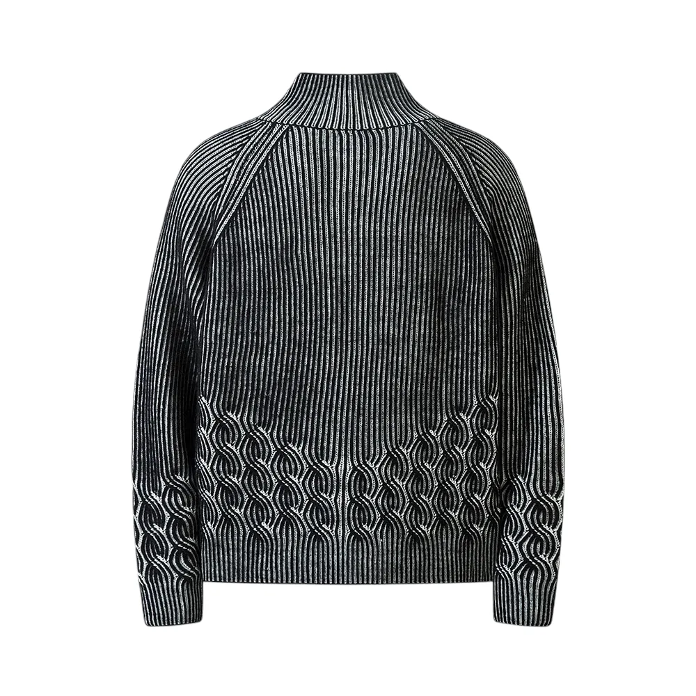 Plated engineer cable cardigan sweater