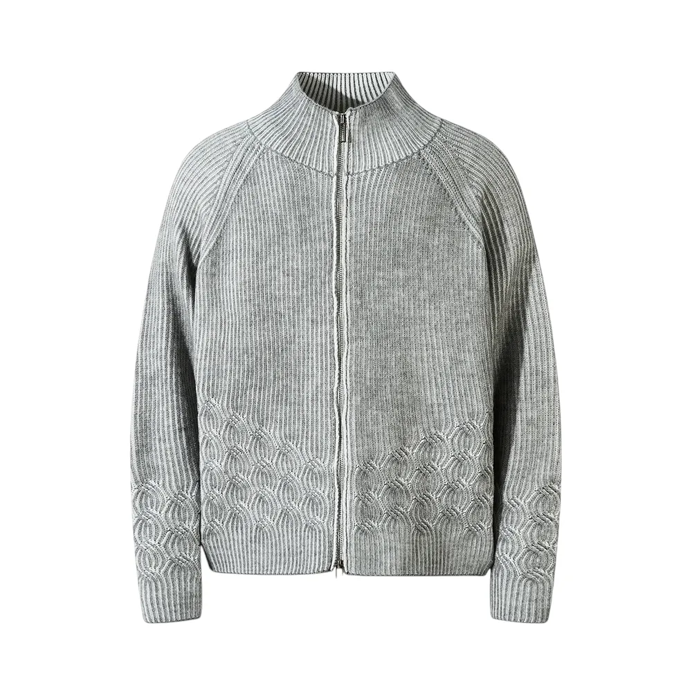 Plated engineer cable cardigan sweater