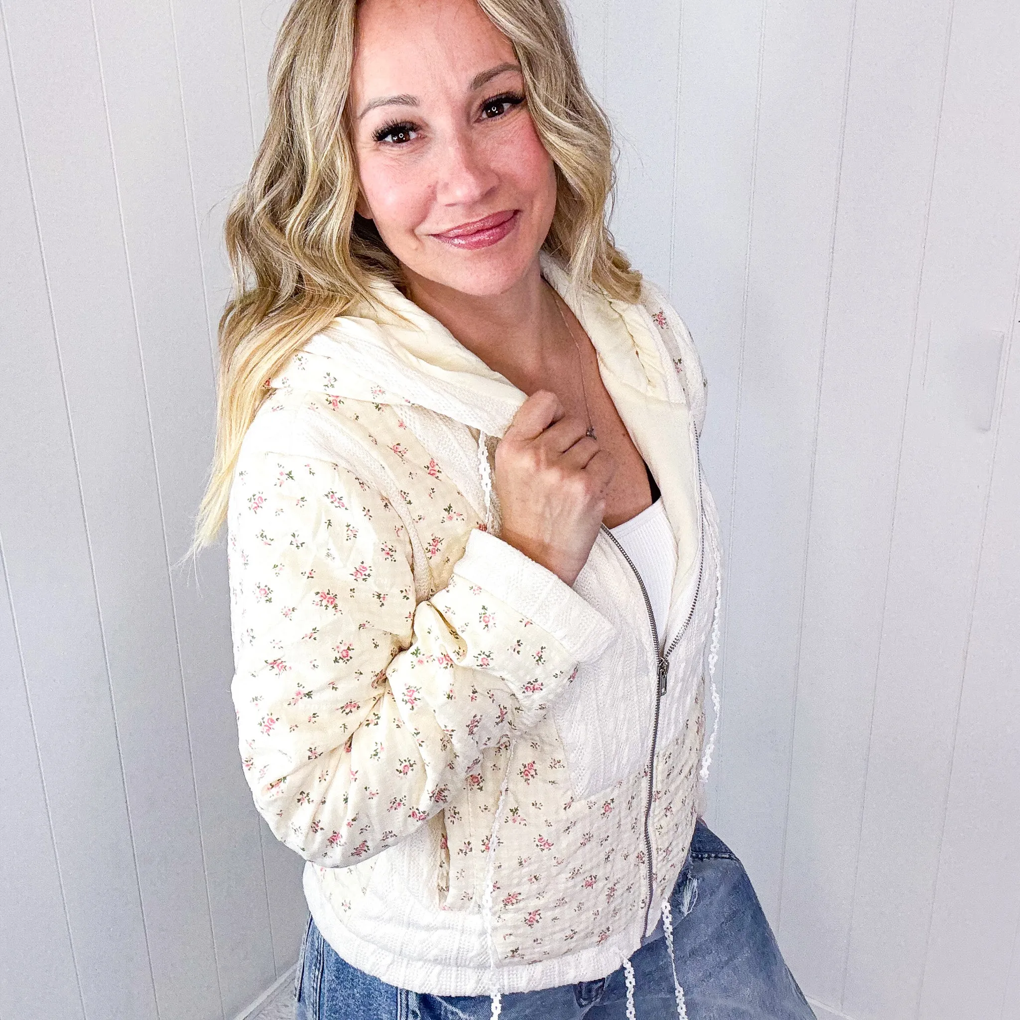 POL Crop Vintage Washing Ditzy Floral Puff Fluff Hoodie Jacket in 2 Options