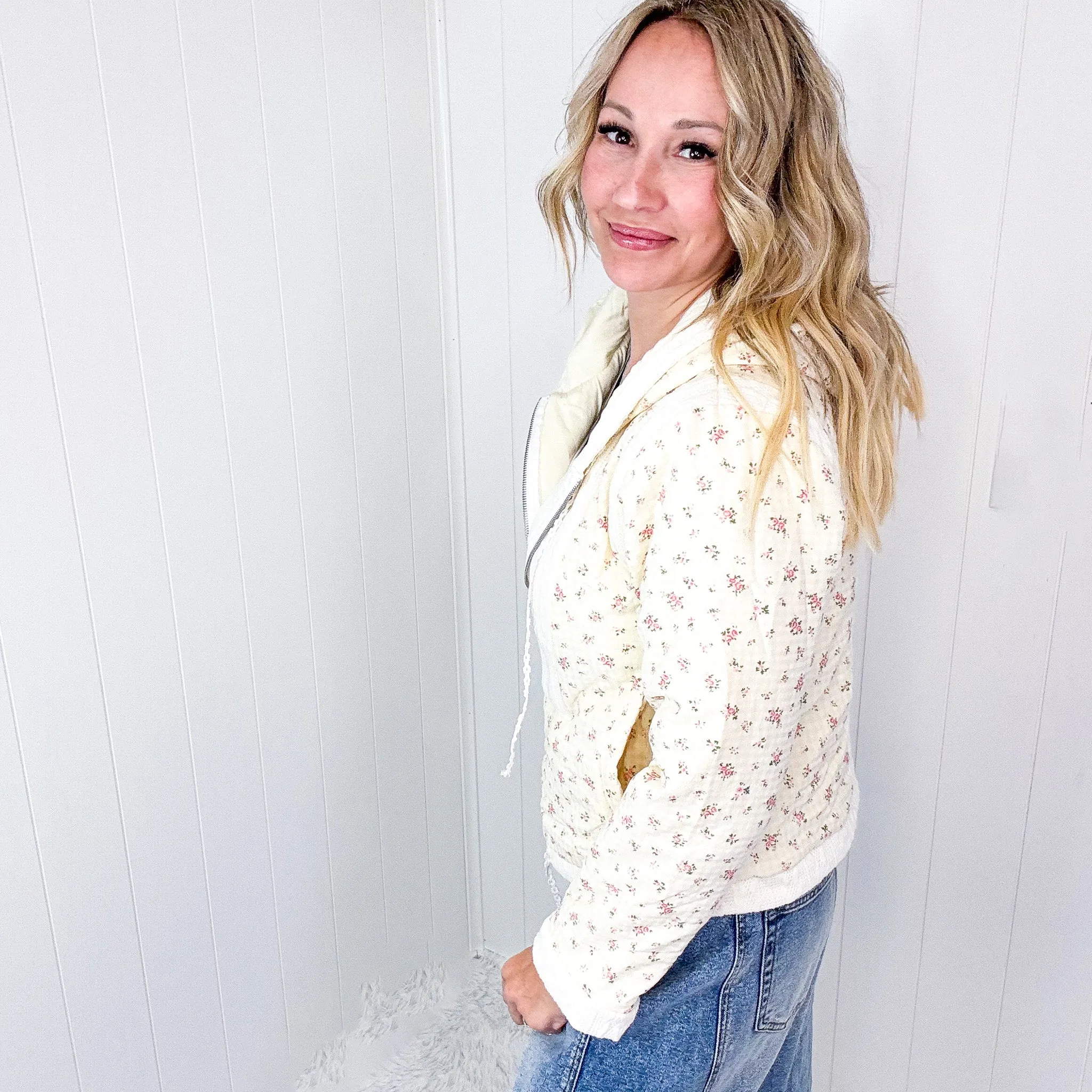 POL Crop Vintage Washing Ditzy Floral Puff Fluff Hoodie Jacket in 2 Options