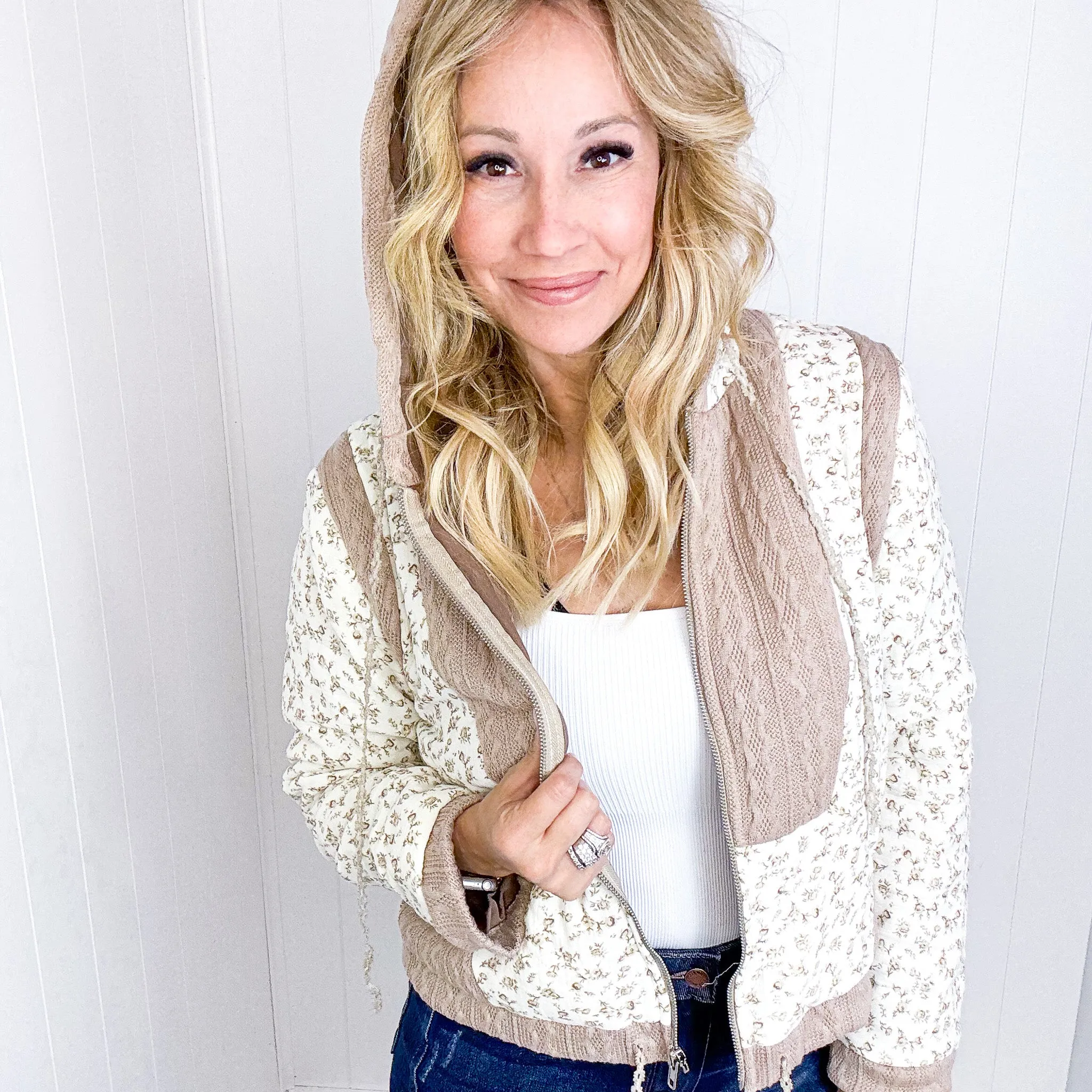 POL Crop Vintage Washing Ditzy Floral Puff Fluff Hoodie Jacket in 2 Options