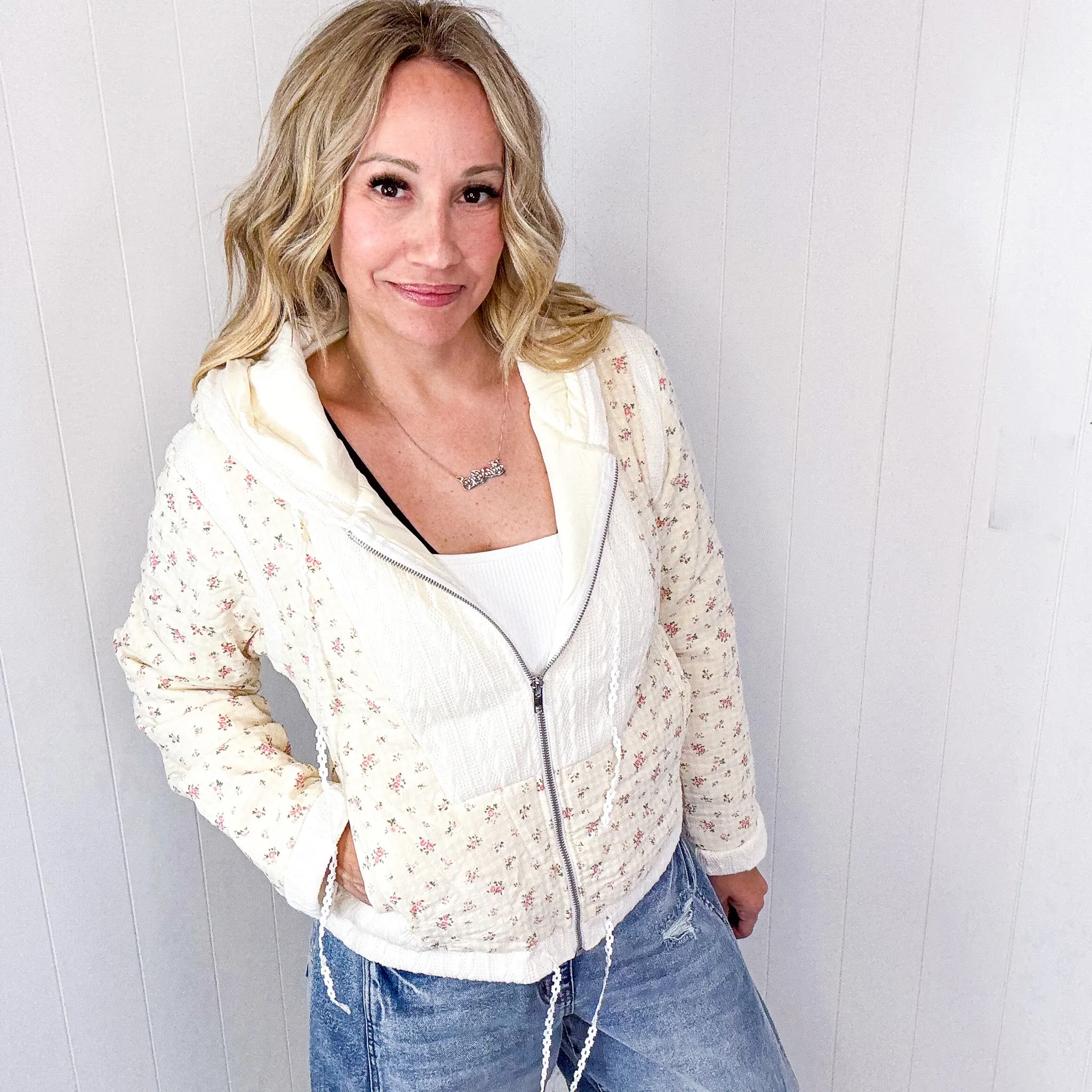 POL Crop Vintage Washing Ditzy Floral Puff Fluff Hoodie Jacket in 2 Options