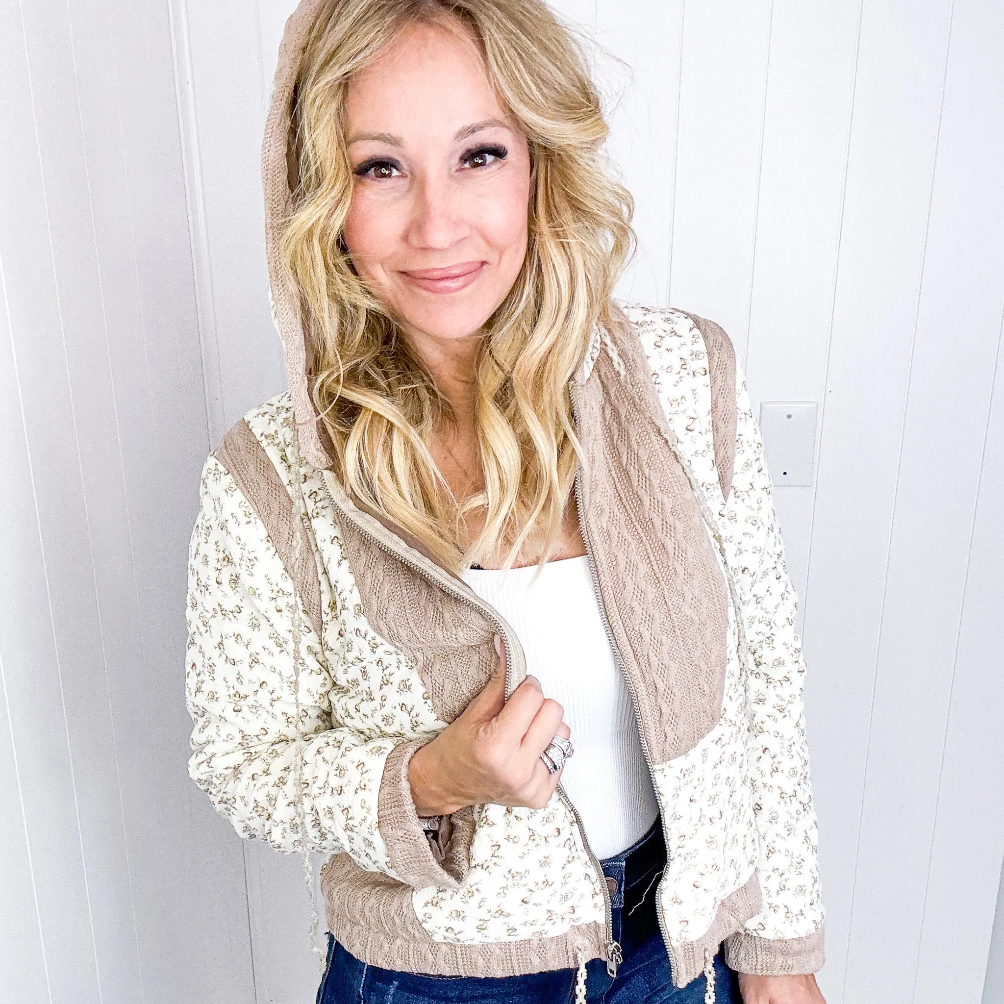 POL Crop Vintage Washing Ditzy Floral Puff Fluff Hoodie Jacket in 2 Options