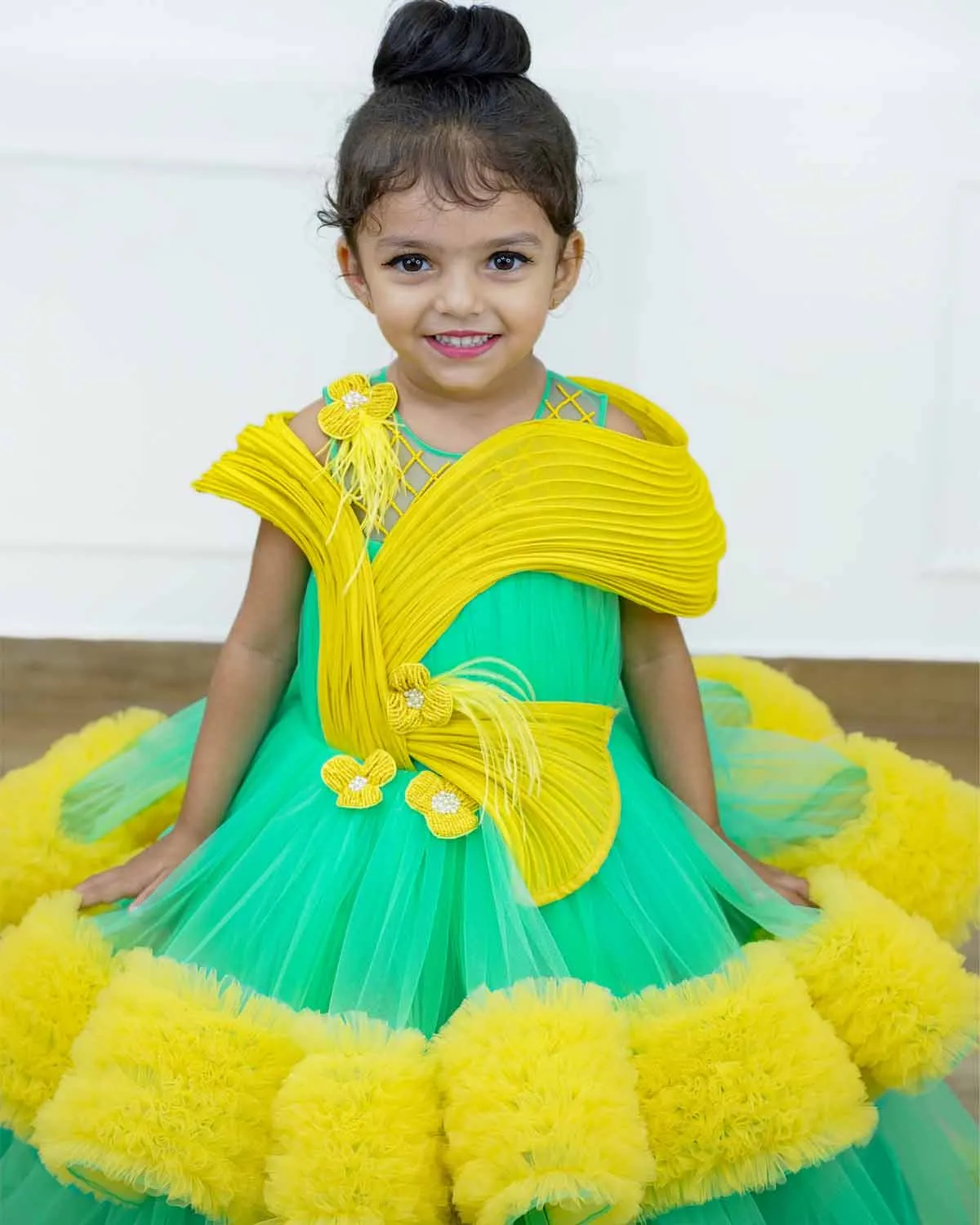 Pre-Order: Aqua green and light mango yellow layered frilled gown with stylish pintuck fabric manipulation