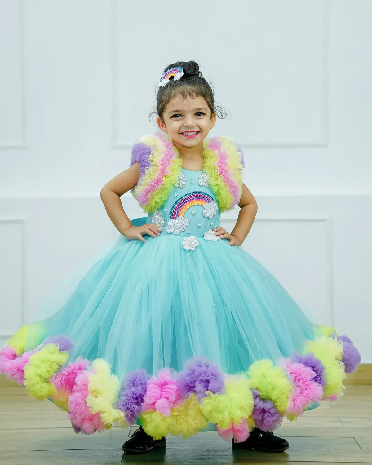 Pre-order: Rainbow with cloud theme in light multi colour frilled gown