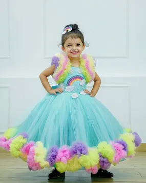 Pre-order: Rainbow with cloud theme in light multi colour frilled gown