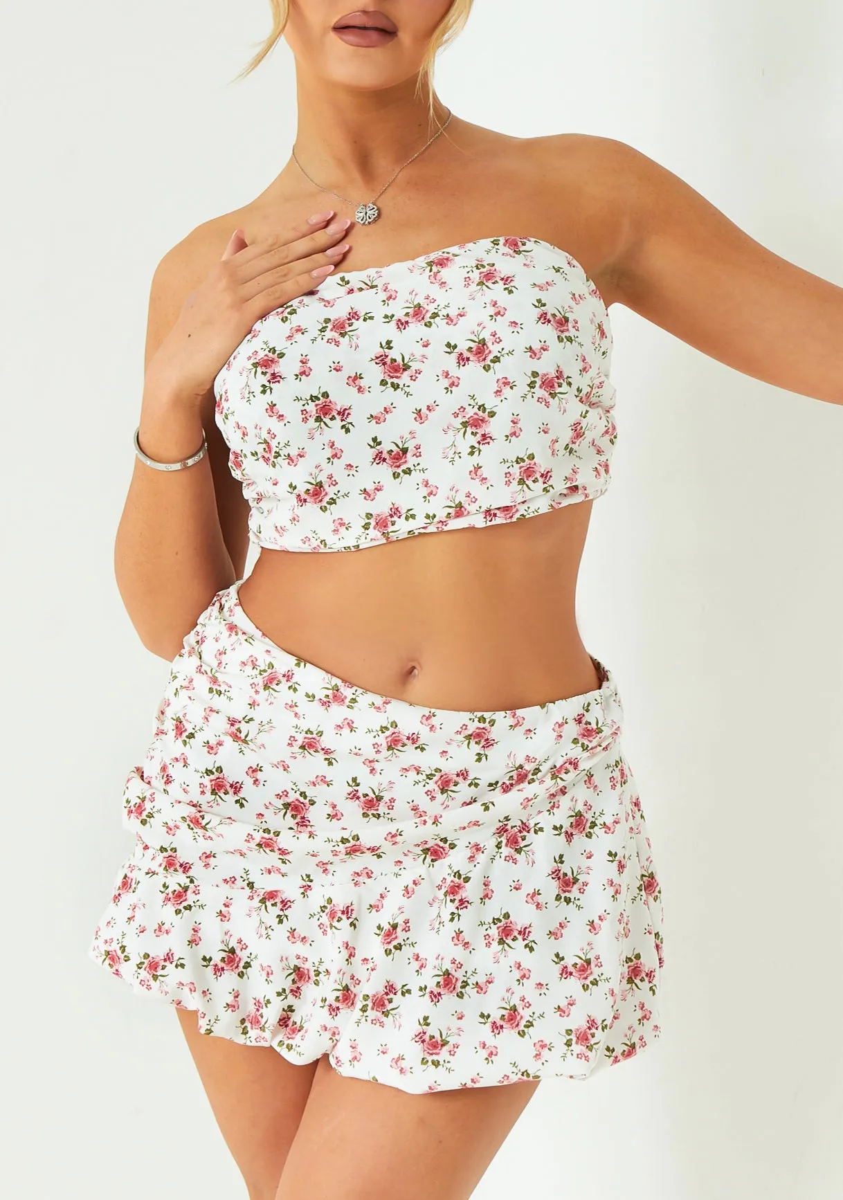 Renee White Floral Printed Puff Ball Mini Skirt