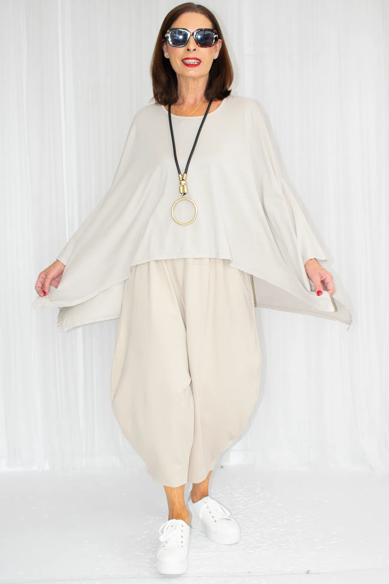 Rita Button Back Swing Top in Beige