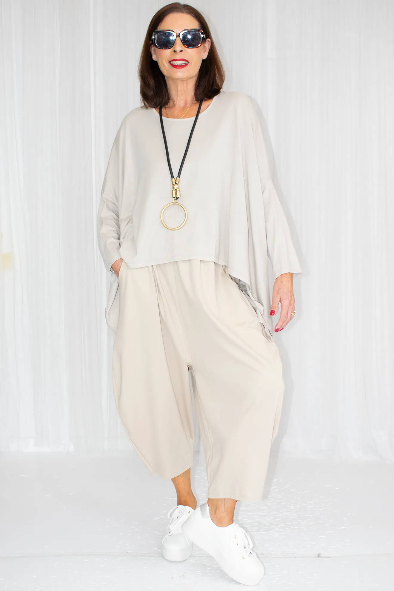 Rita Button Back Swing Top in Beige