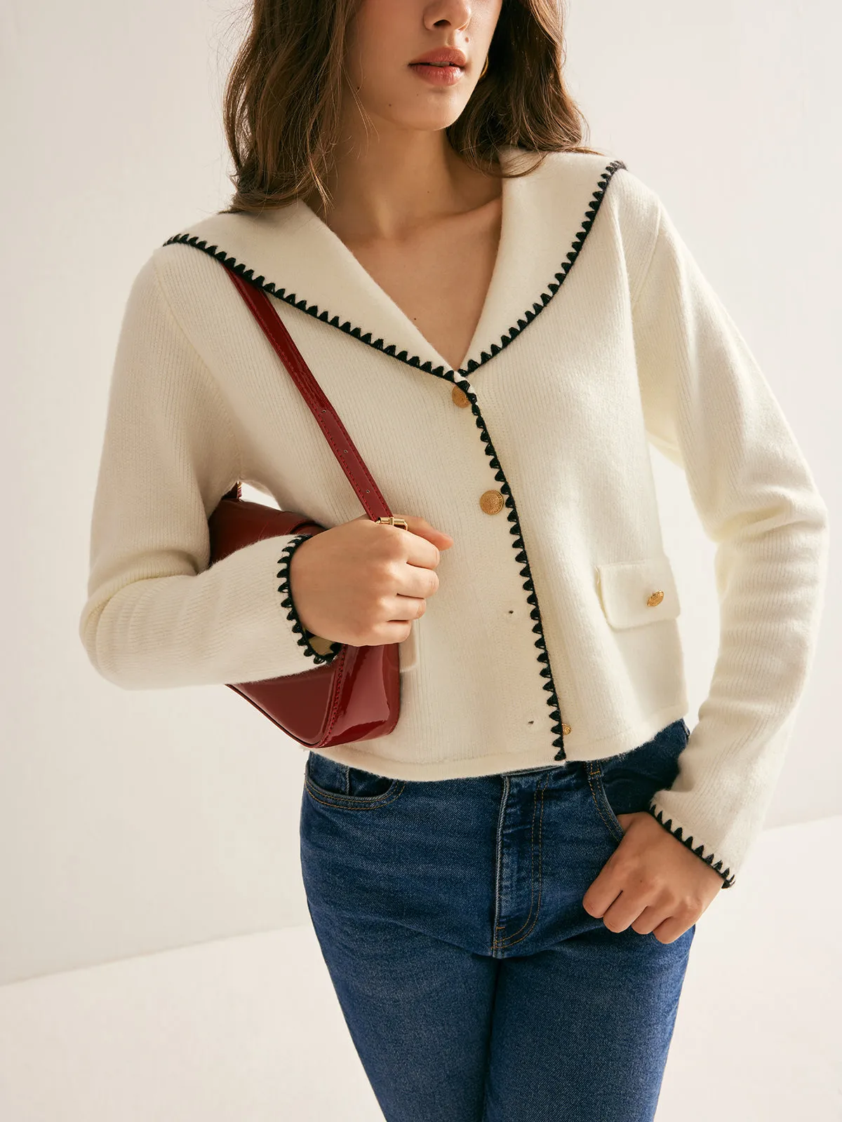 Sailor-Collar Contrast-Trim Button Cardigan