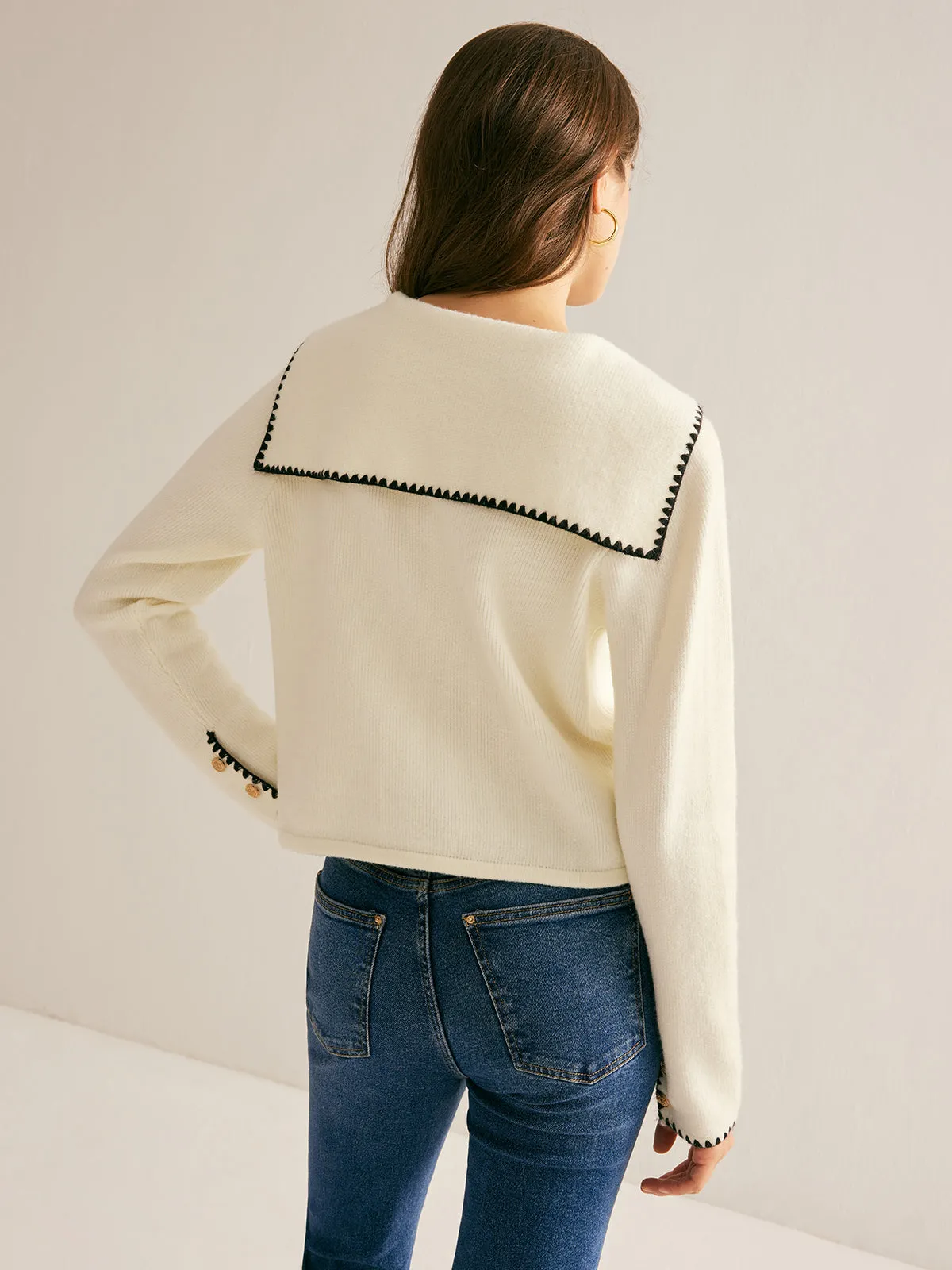 Sailor-Collar Contrast-Trim Button Cardigan