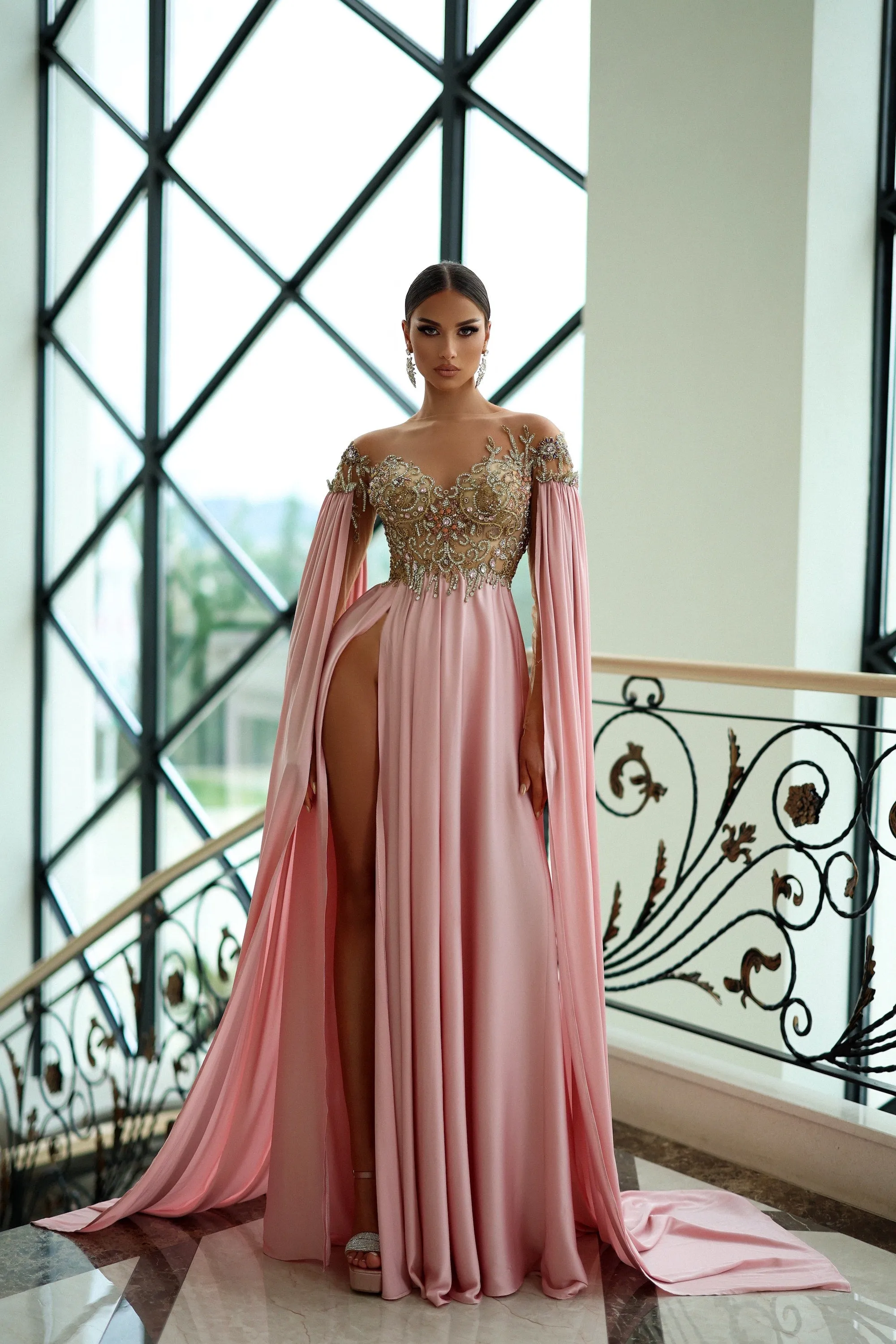 Satin Flowing Pink Evening Dress
