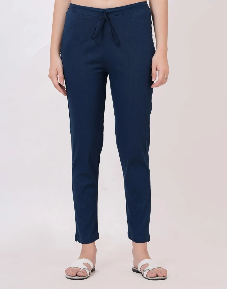Satrangi Women's Blue Viscose Lycra Trouser