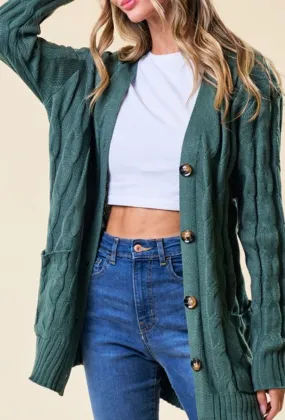 Spice It Up Cable Knit Button Down Sweater Cardigan in Olive