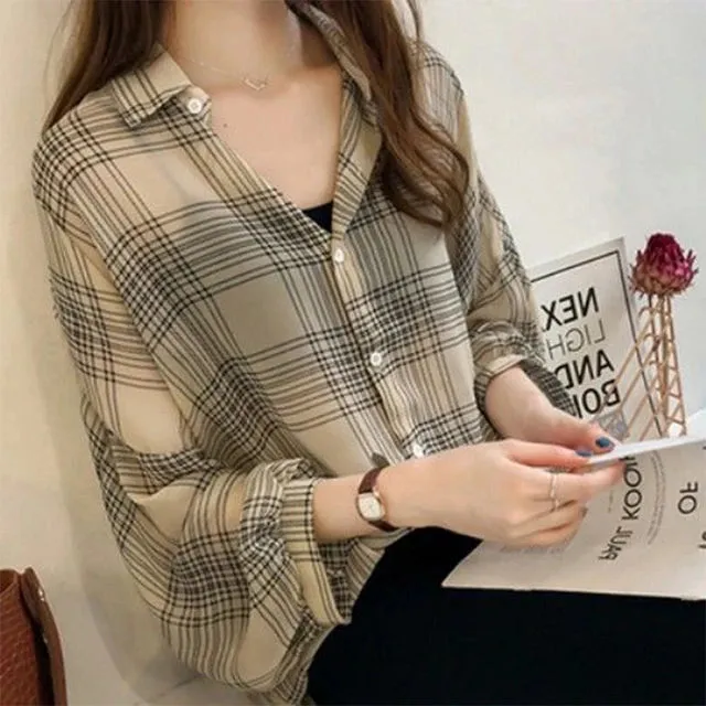 Spring Autumn Vintage Classic Plaid Polo-neck Casual Blouse Femme Long Sleeve Loose Cardigan Shirt M X3497407