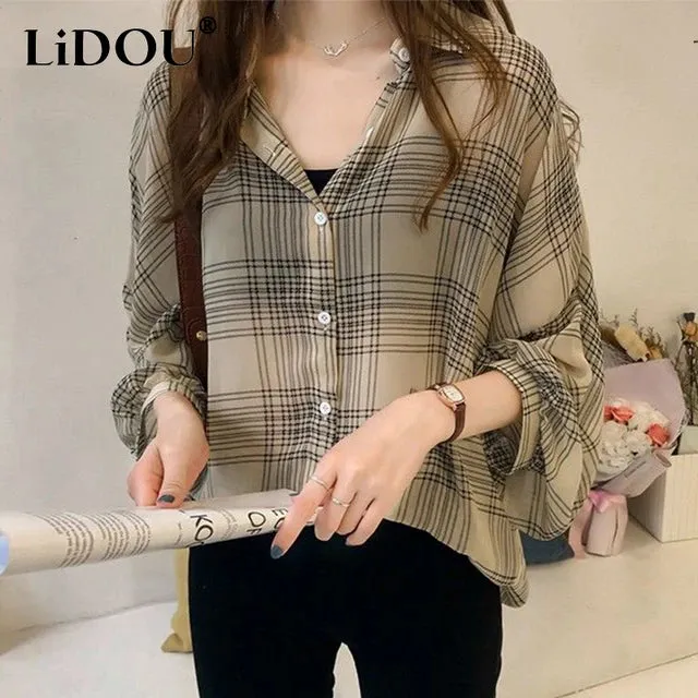 Spring Autumn Vintage Classic Plaid Polo-neck Casual Blouse Femme Long Sleeve Loose Cardigan Shirt M X3497407