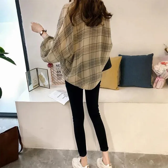 Spring Autumn Vintage Classic Plaid Polo-neck Casual Blouse Femme Long Sleeve Loose Cardigan Shirt M X3497407