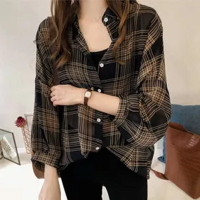 Spring Autumn Vintage Classic Plaid Polo-neck Casual Blouse Femme Long Sleeve Loose Cardigan Shirt M X3497407